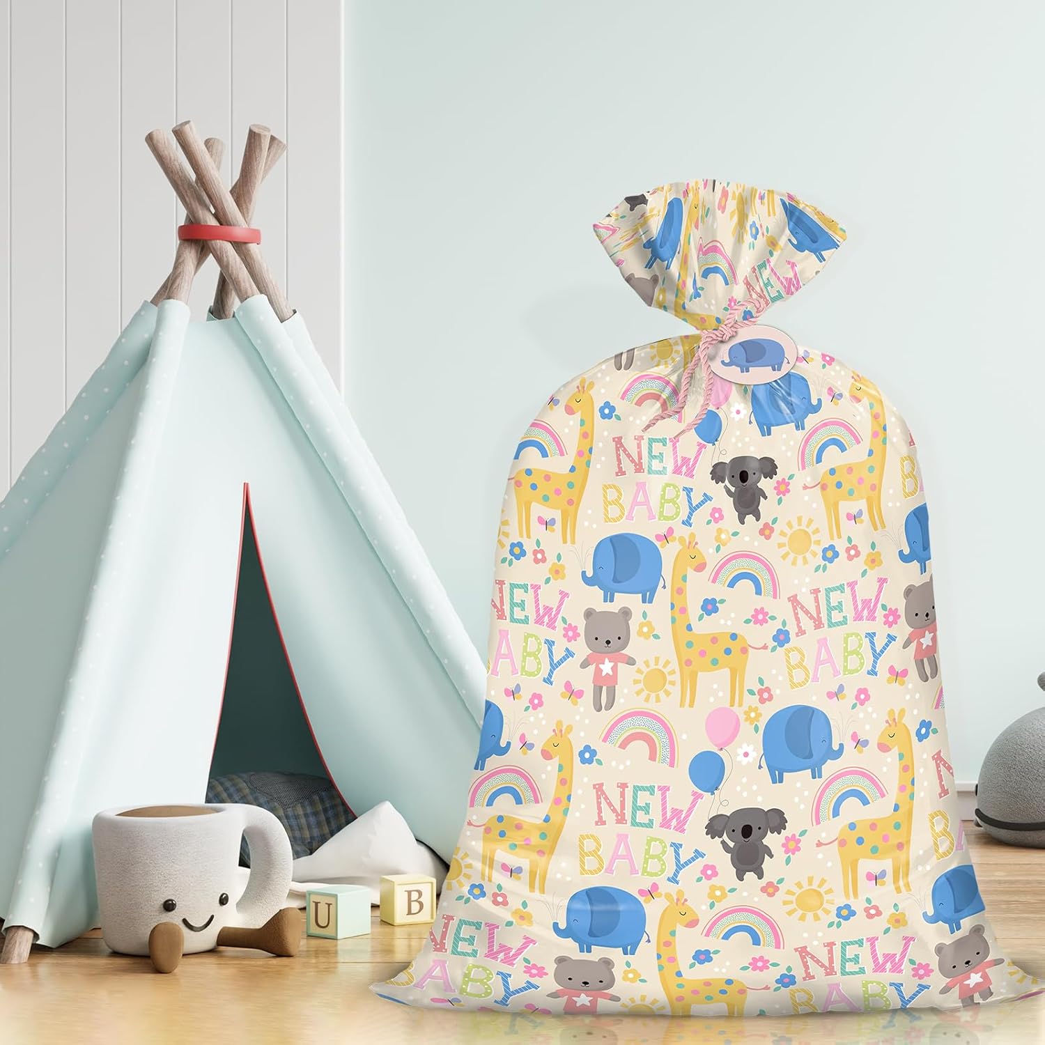 56" Large Baby Shower Plastic Gift Bag - Animals & New Baby Jumbo Bike Bag Gift Wrap For Baby Shower, Kids Birthdays, Parties, Celebrating, Or Any Occasion - 56" H X 36" W