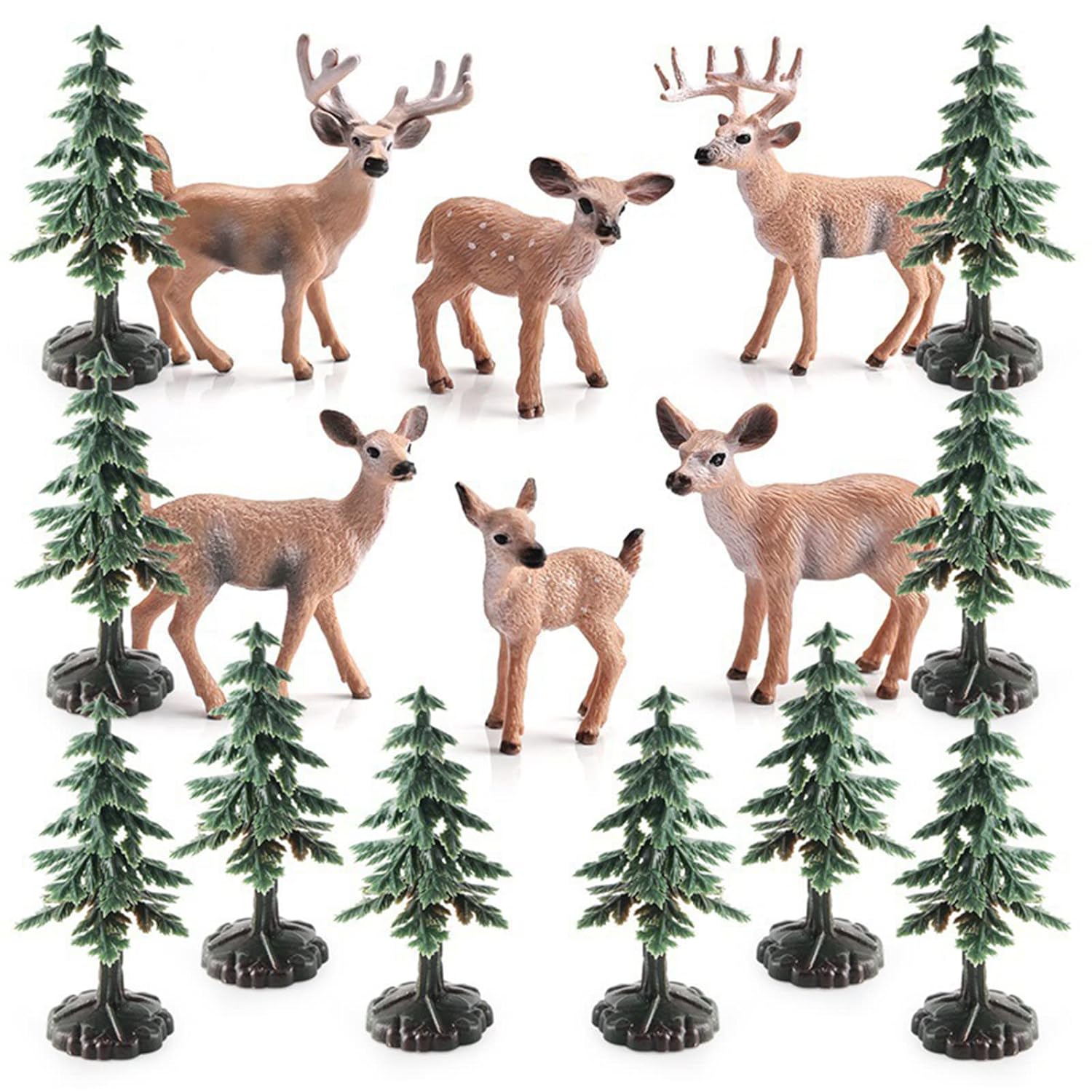 16Pcs Deer Figurines Model Trees Kit, Plastic Woodland Animals Toys, Miniature Wild Forest Animal Figures For Christmas Decoration Cake Toppers Party Favors