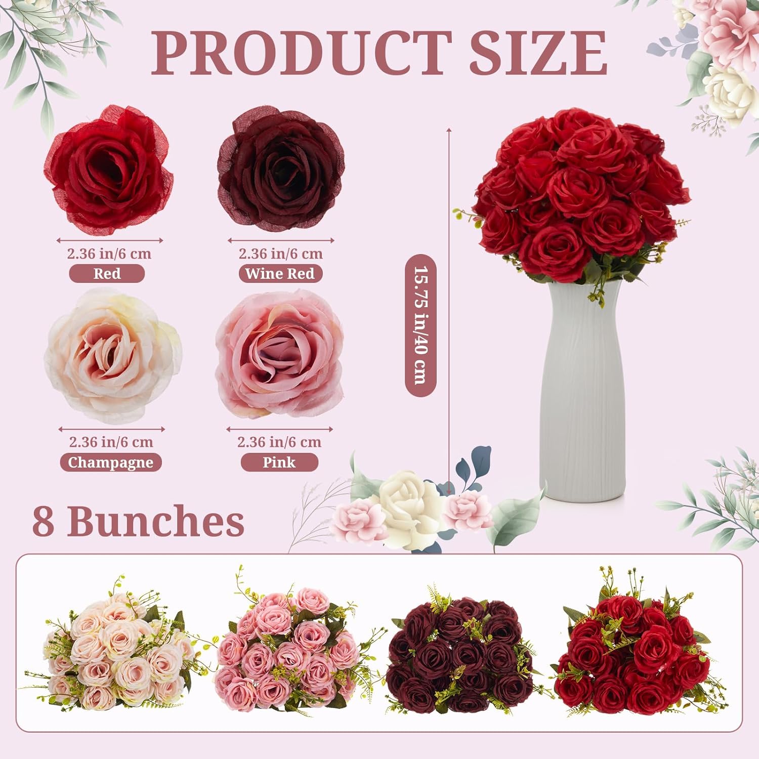 8 Bunches 72 Heads Artificial Roses Bulk With Long Stems & Leaves Mixed Pink Red Silk Rose In Bulk For Decoration Diy Wedding Arrangement Bridal Bouquets Centerpieces Valentines Home Decor