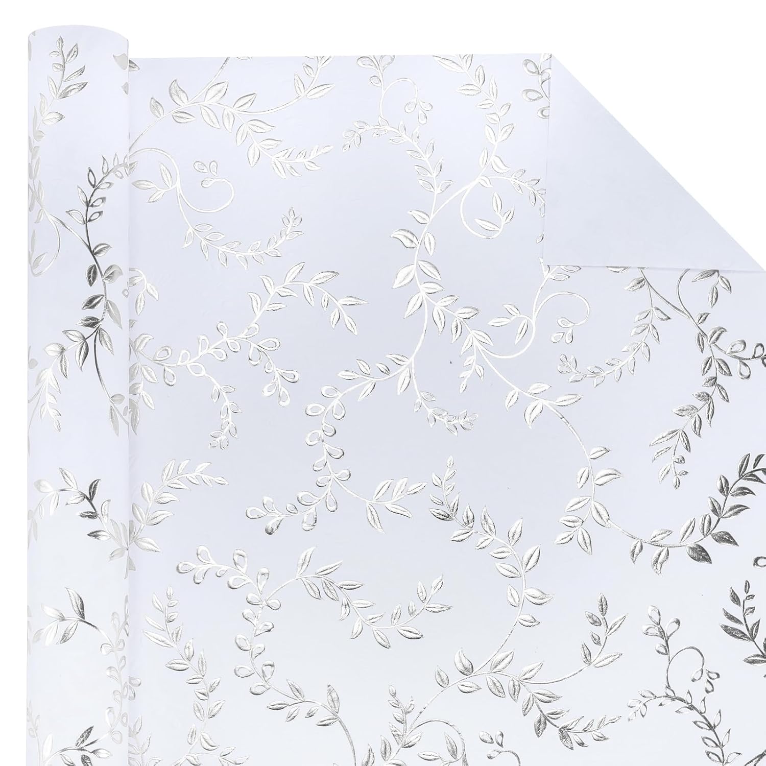 3D Kraft Wedding Wrapping Paper Roll - Mini Roll - 17 Inch X 16.5 Feet - Silver And White Leaves Design With Embossed Perfect For Birthday, Bridal Shower, Wedding, Baby Shower