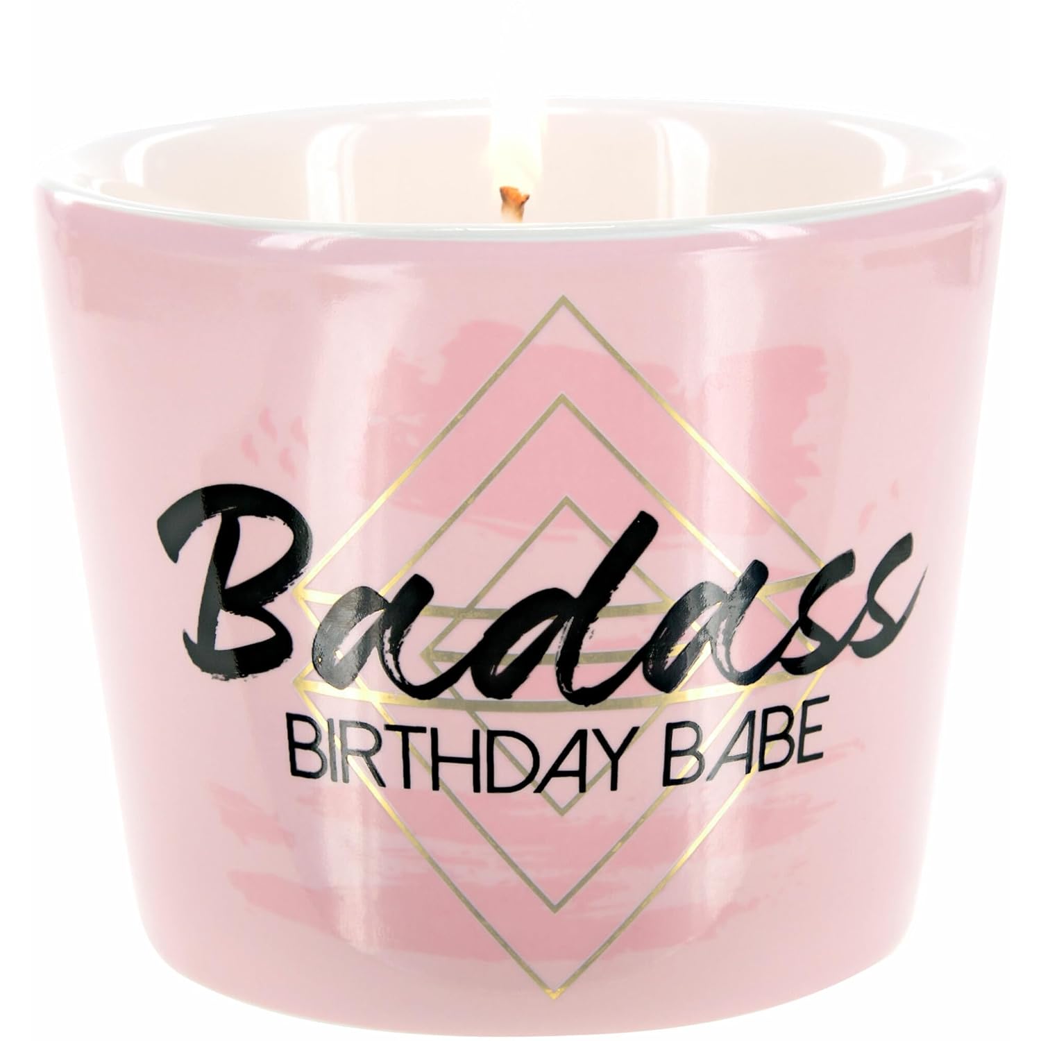 Pavilion Gift Company Pink Badass Birthday Babe Gold 8oz Tranquility Funny Single Wick Candle in Ceramic Vessel