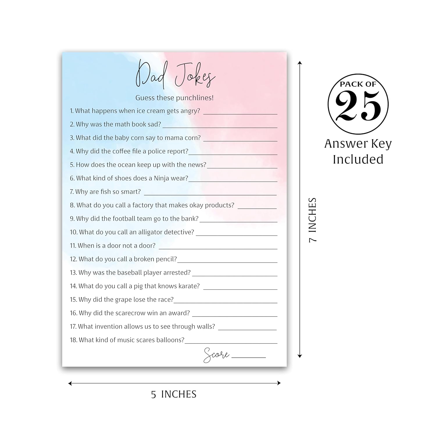 Dad Jokes Gender Reveal Party Game, Daddy Jokes Baby Shower Trivia Games — Pack Of 25 — Fun Dad Joke Game, Pink Or Blue, Funny Trivia, Girl Or Boy, Sprinkle, Co-Ed Couples Shower, Birthday G752-Djk