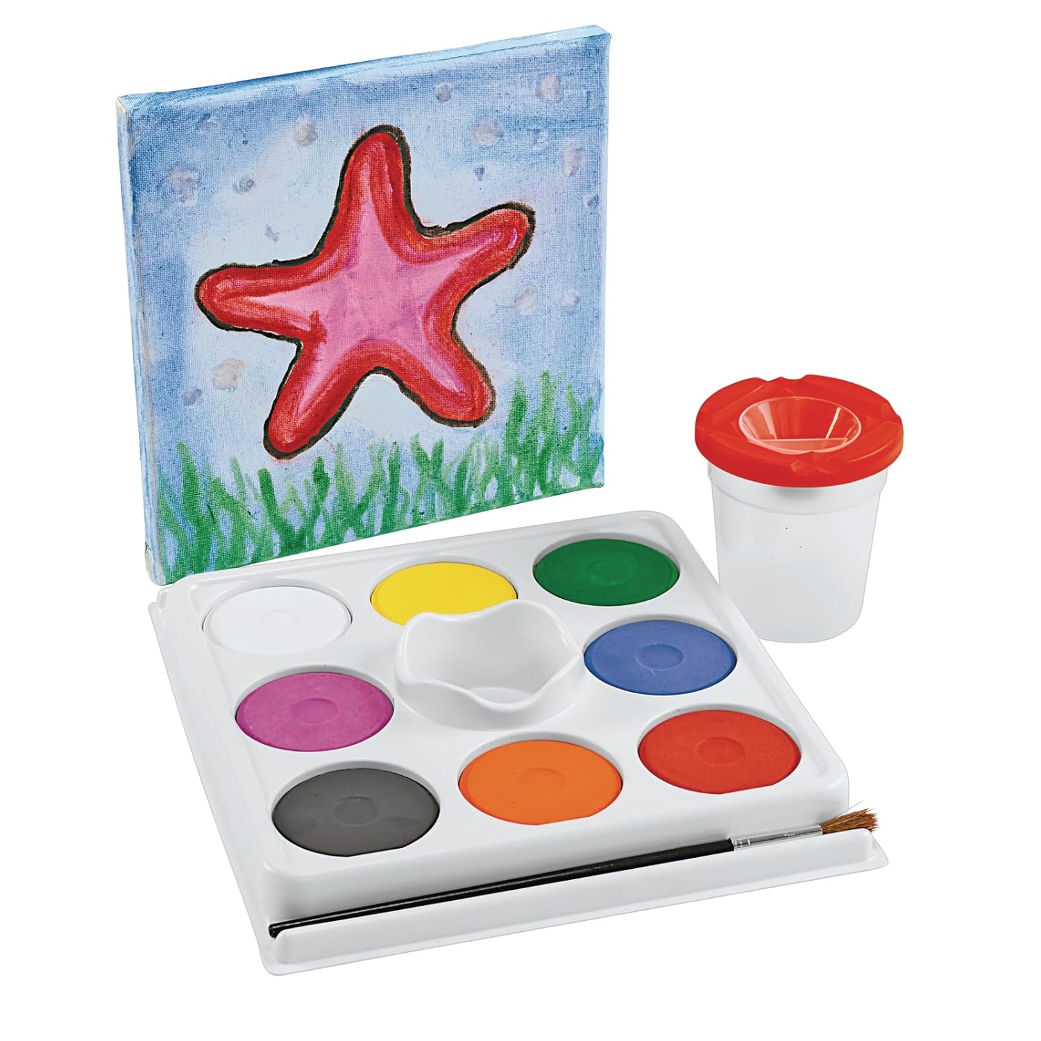 Plastic Tempera Paint Tray Palette With 8 Paint Cakes And Brush And Cup Holders