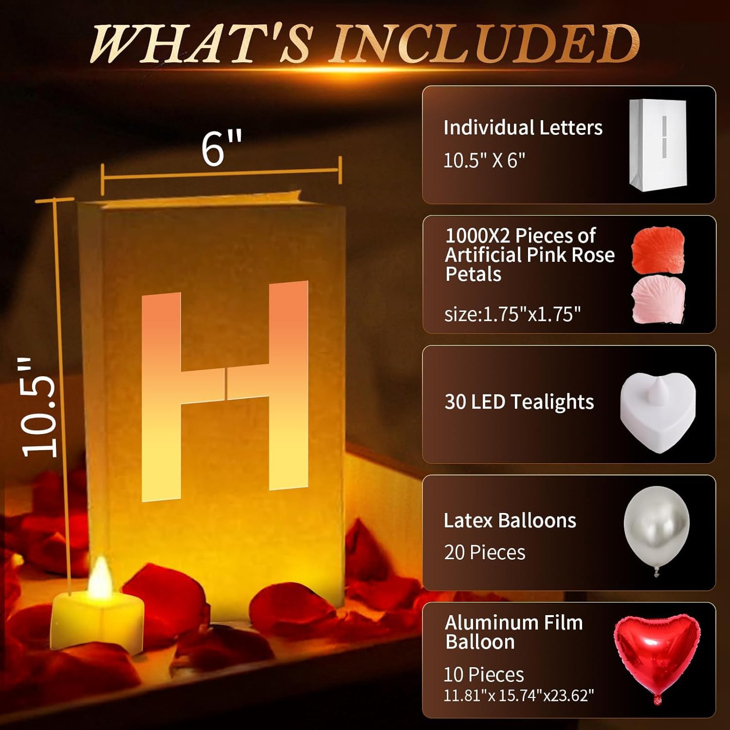 I Love You Light Up Letters, With Tea Lights Candles, Rose Petals, Pearlescent Foil Balloons - Luminary Paper Bags, Anniversary Decorations And Valentines' Day Decorations For Your Loved One