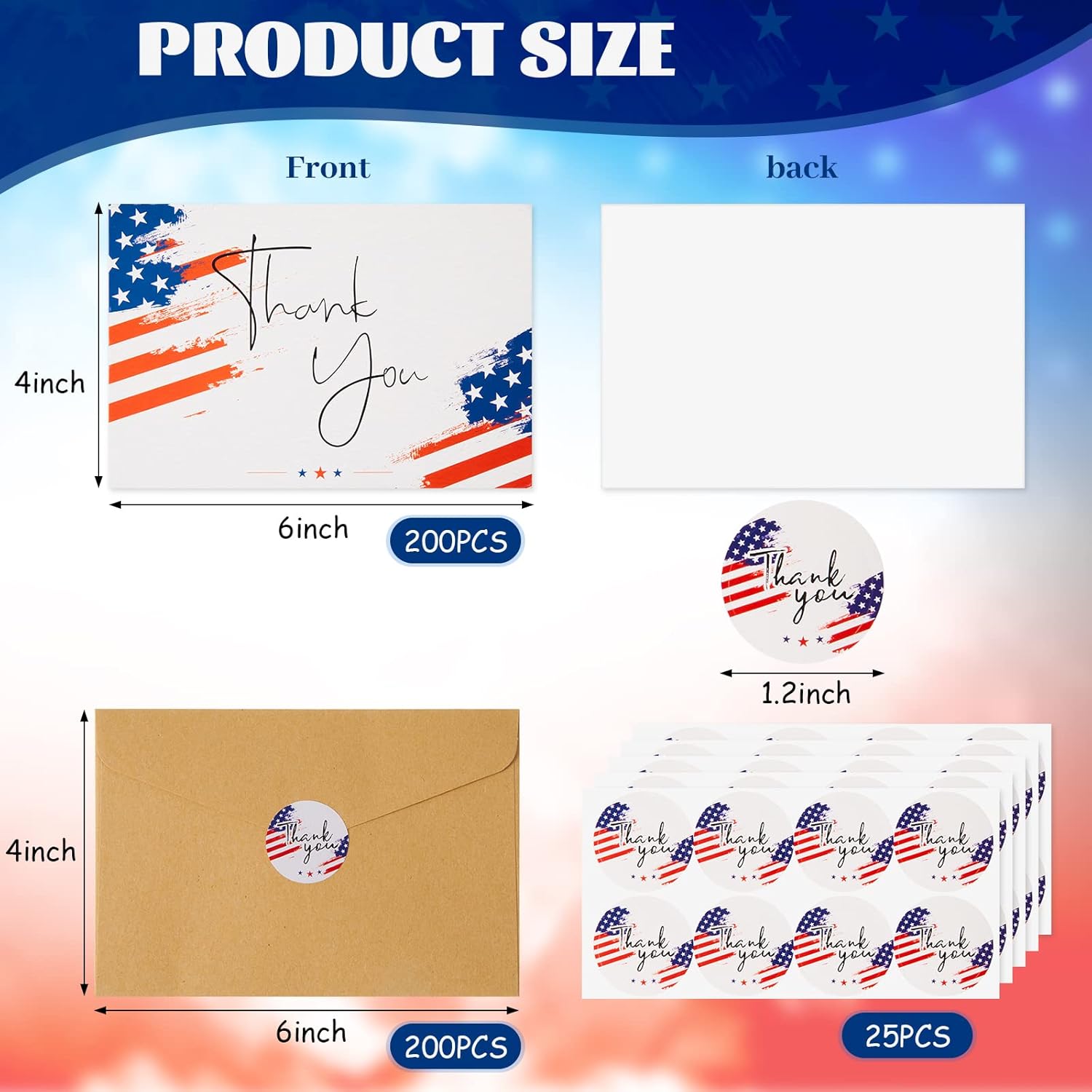 200 Sets Patriotic Thank You Cards Bulk With Kraft Envelopes And Round Stickers 4Th Of July Independence Day Veterans Cards Bulk Usa Military Memorial Day Army Gifts, 4 X 6 Inches