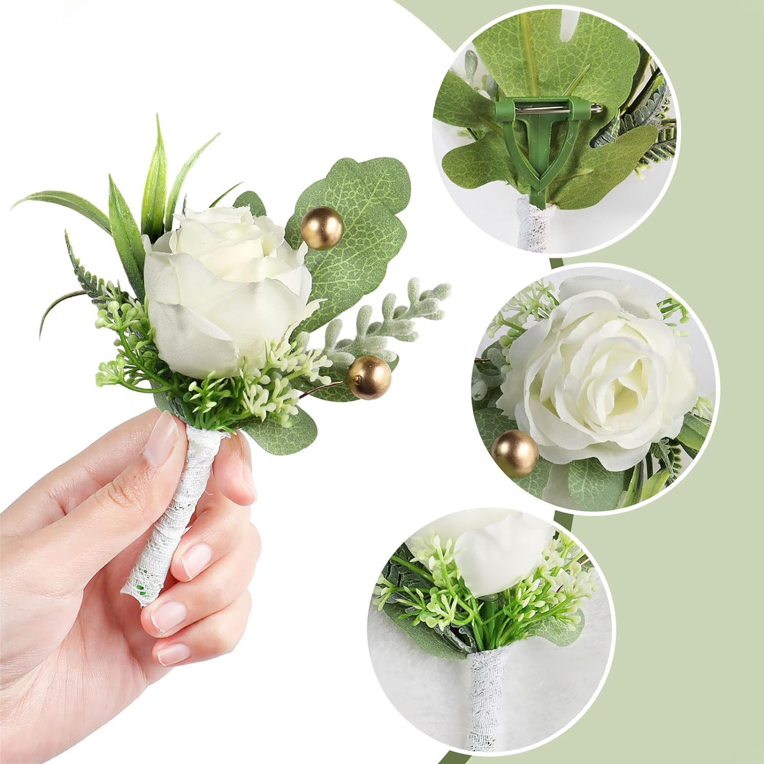White Rose Boutonniere For Men Wedding Set Of 6,Artificial Wedding Flower Boutonnieres With Pins For Groom And Best Man Wedding Anniversary Celebration,Prom,Party,Home Decoration (6)