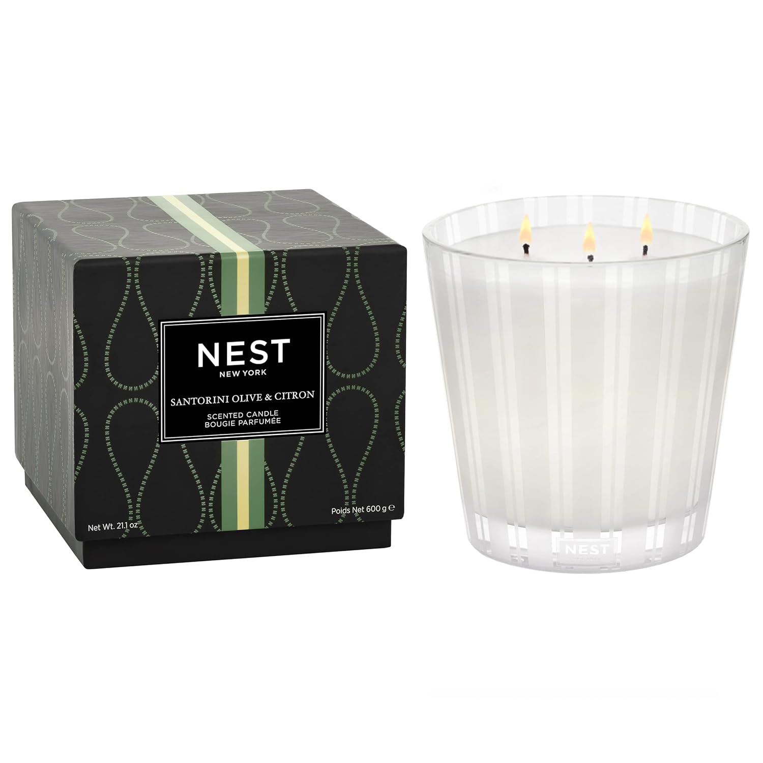 Scented 3-Wick Candle, Santorini Olive & Citron - 21.2 Oz - Up To 100-Hour Burn Time - Reusable Glass Vessel