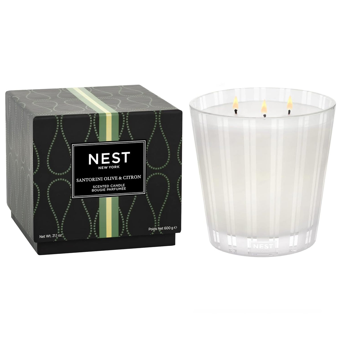 Scented 3-Wick Candle, Santorini Olive & Citron - 21.2 Oz - Up To 100-Hour Burn Time - Reusable Glass Vessel
