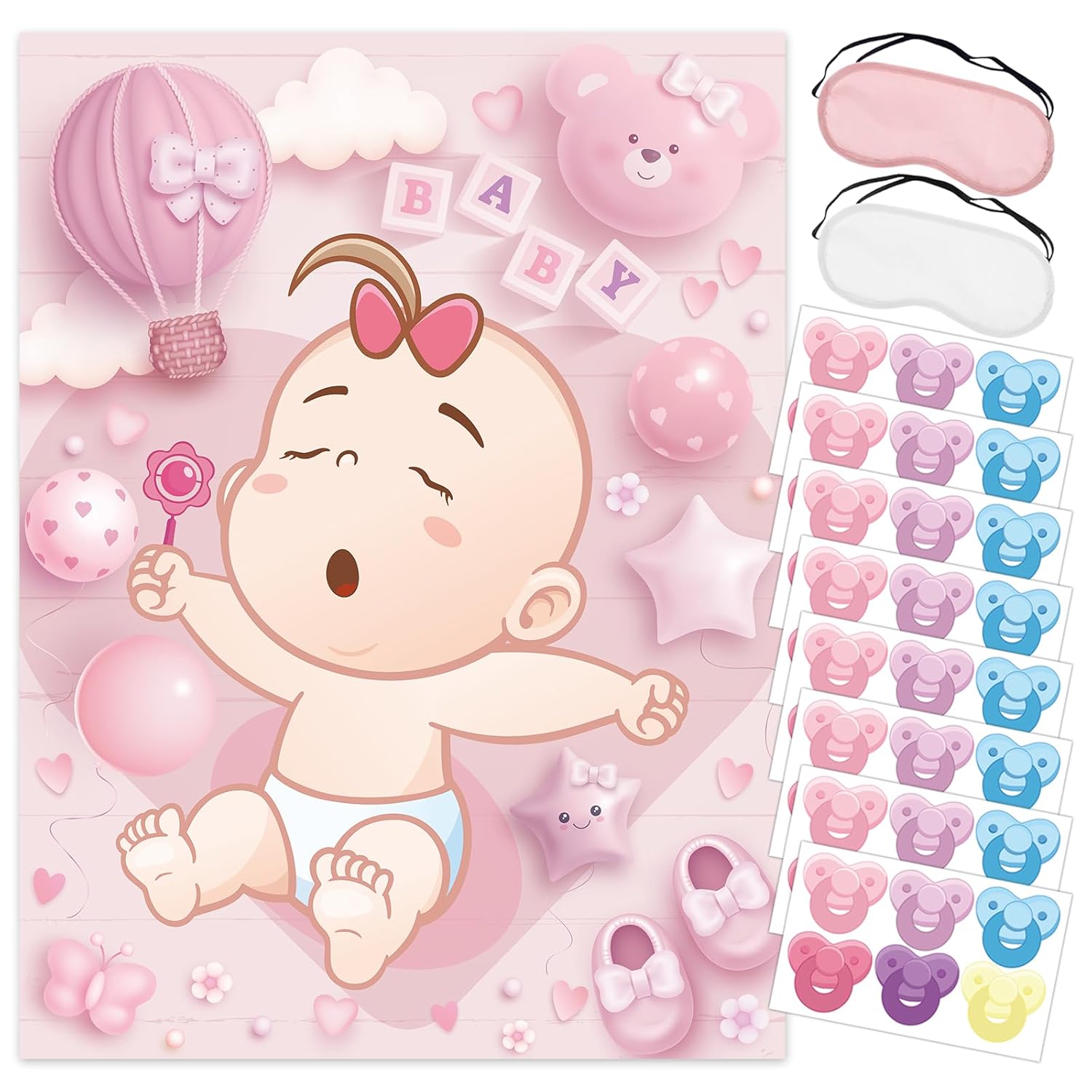 Pin The Pacifier On The Baby Shower Games Ballon Baby Shower Decoration With Large Poster 48 Stickers Blindfold Pin Game For Birthday Party Decorations Activities Supplies(Pink)