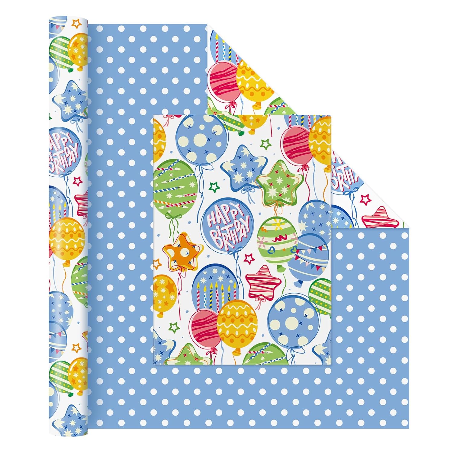 Happy Birthday Balloon Wrapping Paper Roll - 1 Roll 17”X 33 Ft Blue Boy Birthday Gift Wrapping Paper For Baby Boy Shower Wrapping Paper Party Decorative Wrap Supply