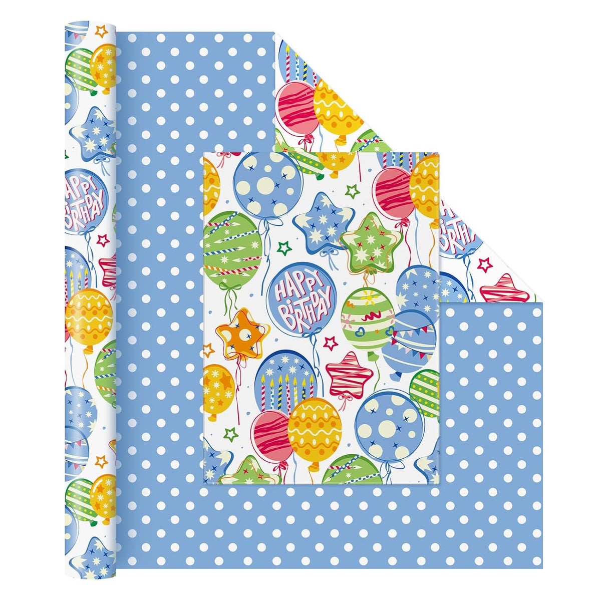 Happy Birthday Balloon Wrapping Paper Roll - 1 Roll 17”X 33 Ft Blue Boy Birthday Gift Wrapping Paper For Baby Boy Shower Wrapping Paper Party Decorative Wrap Supply