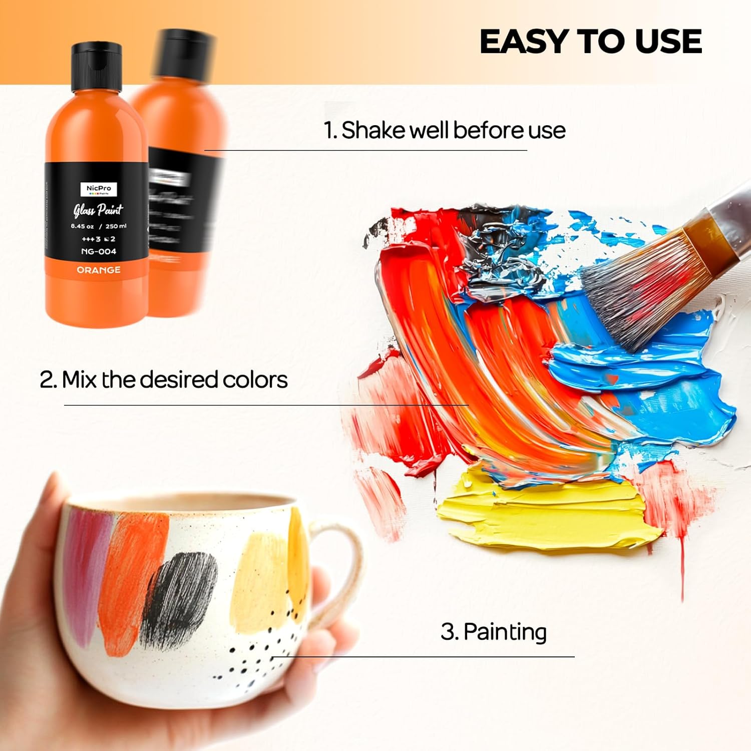 18 Colors Acrylic Glass Paint Set (8.45 Oz, 250 Ml) Large Bulk Enamel & Ceramic Painting Supplies Kit For Wine Bottle Glass Jars Windows With Sponge & Art Knife, Opaque Gloss Finish