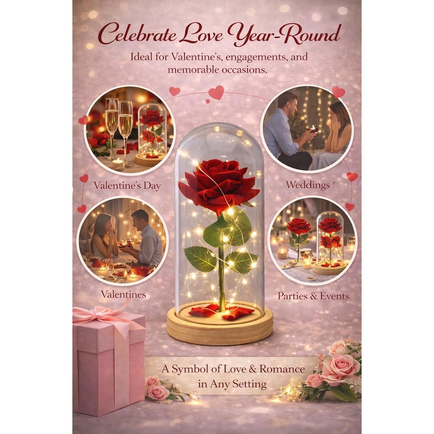 Eternal Red Rose In Glass Dome With Led Lights – Light Up Artificial Rose Décor – Romantic Gift For Women With Gift Box For Anniversary, Birthday, Valentine’S Day, Or Holiday Season