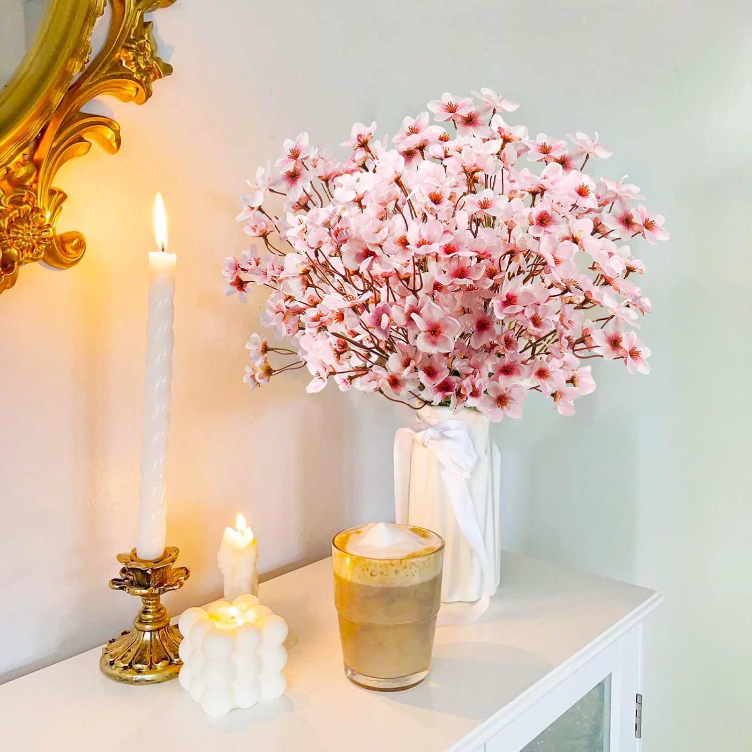 24Pcs Artificial Cherry Blossom Flower, Faux Silk Peach Blossom Branches Fake Plum Blossom Flowers Stems Arrangements For Diy Home Wedding Table Centerpieces Vase Decor