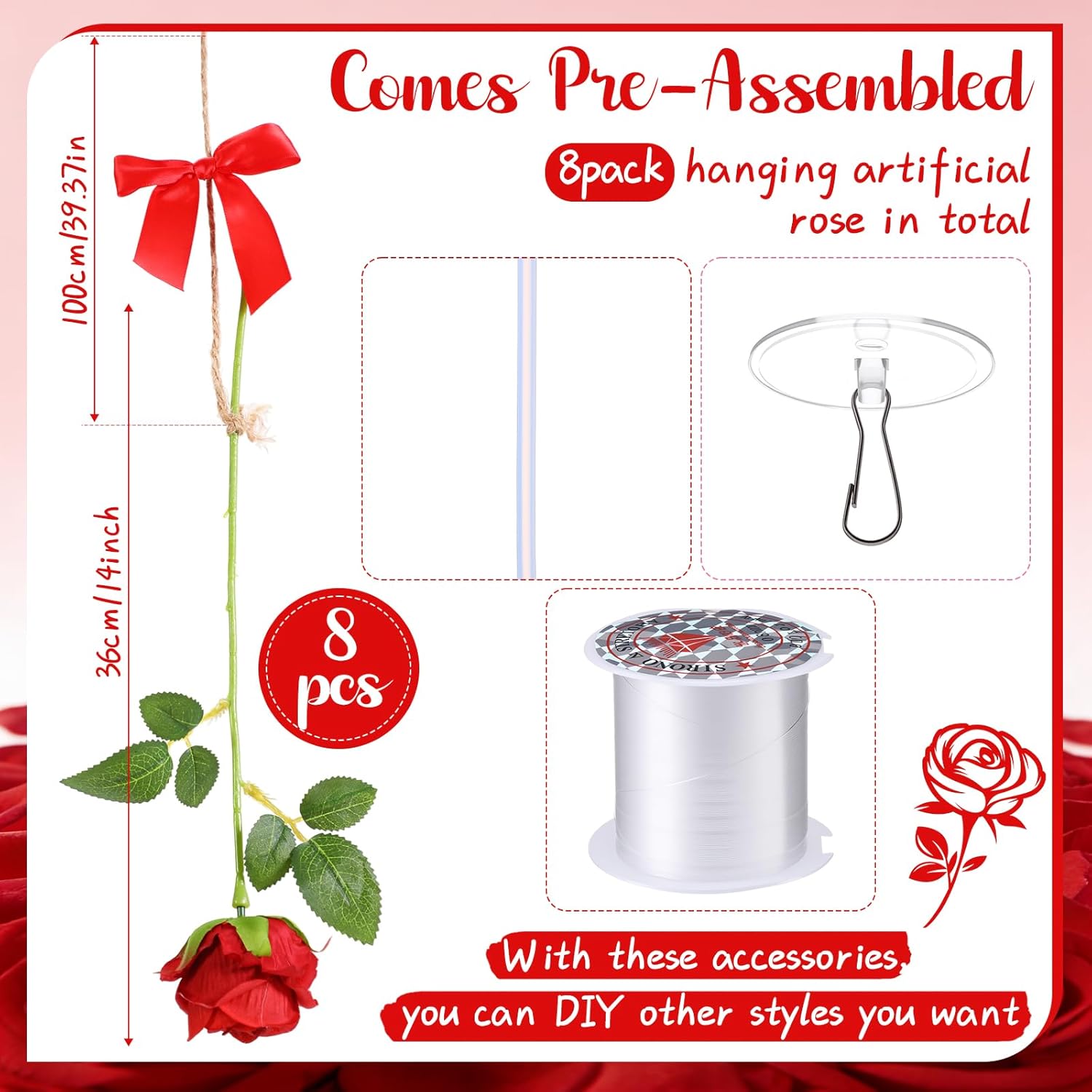 8 Set Valentine'S Day Garland, Rose Decoration, Artificial Floral Hanging Flower With Bows Garland Ceiling Decor With Hooks Jute Rope Fishing Line For Wedding, Romantic Decoration(Red)
