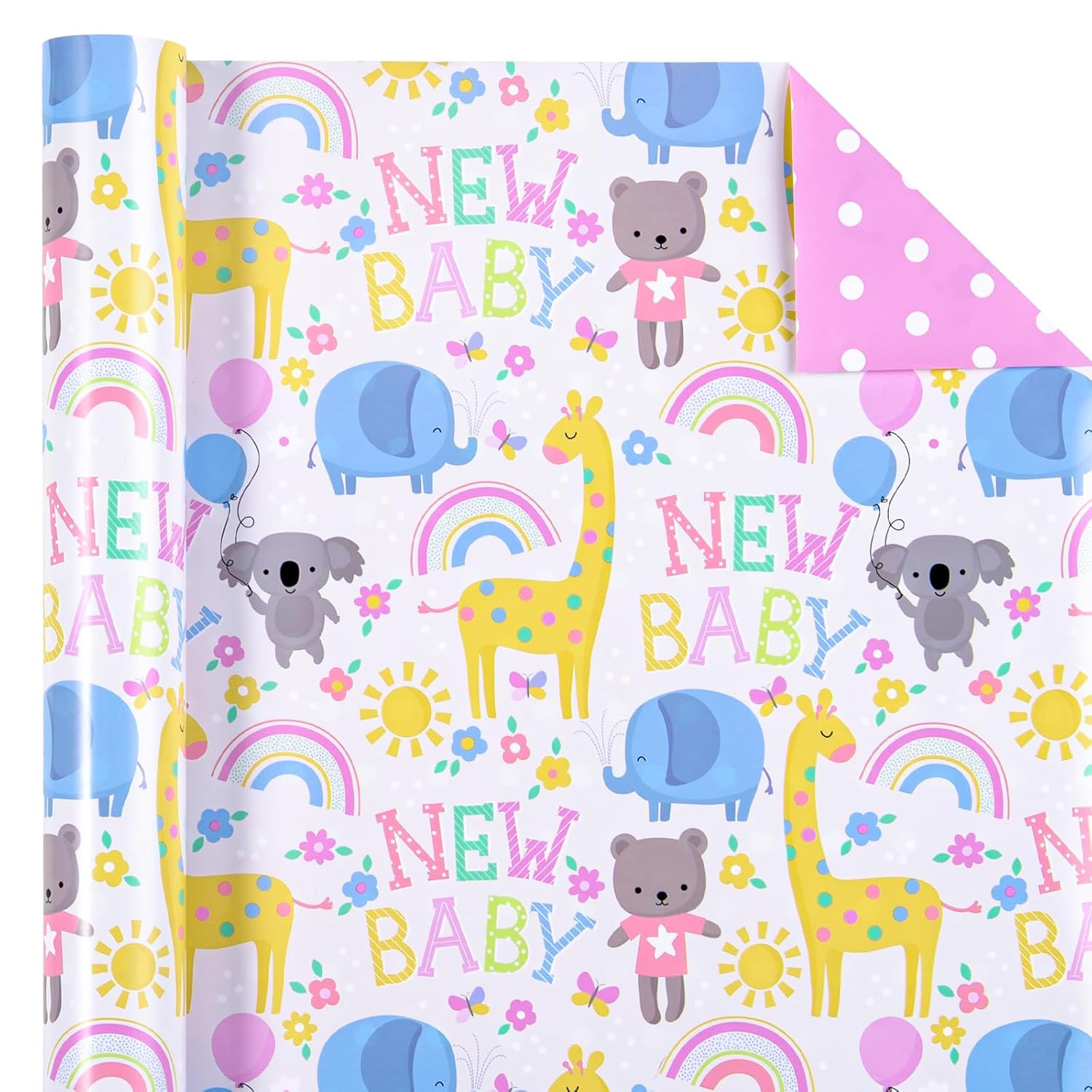 Reversible Baby Shower Wrapping Paper Roll - Mini Roll - 17 Inch X 10 Feet - Cute Animals & New Baby Lettering Design Perfect For Baby Shower, Birthday, Party