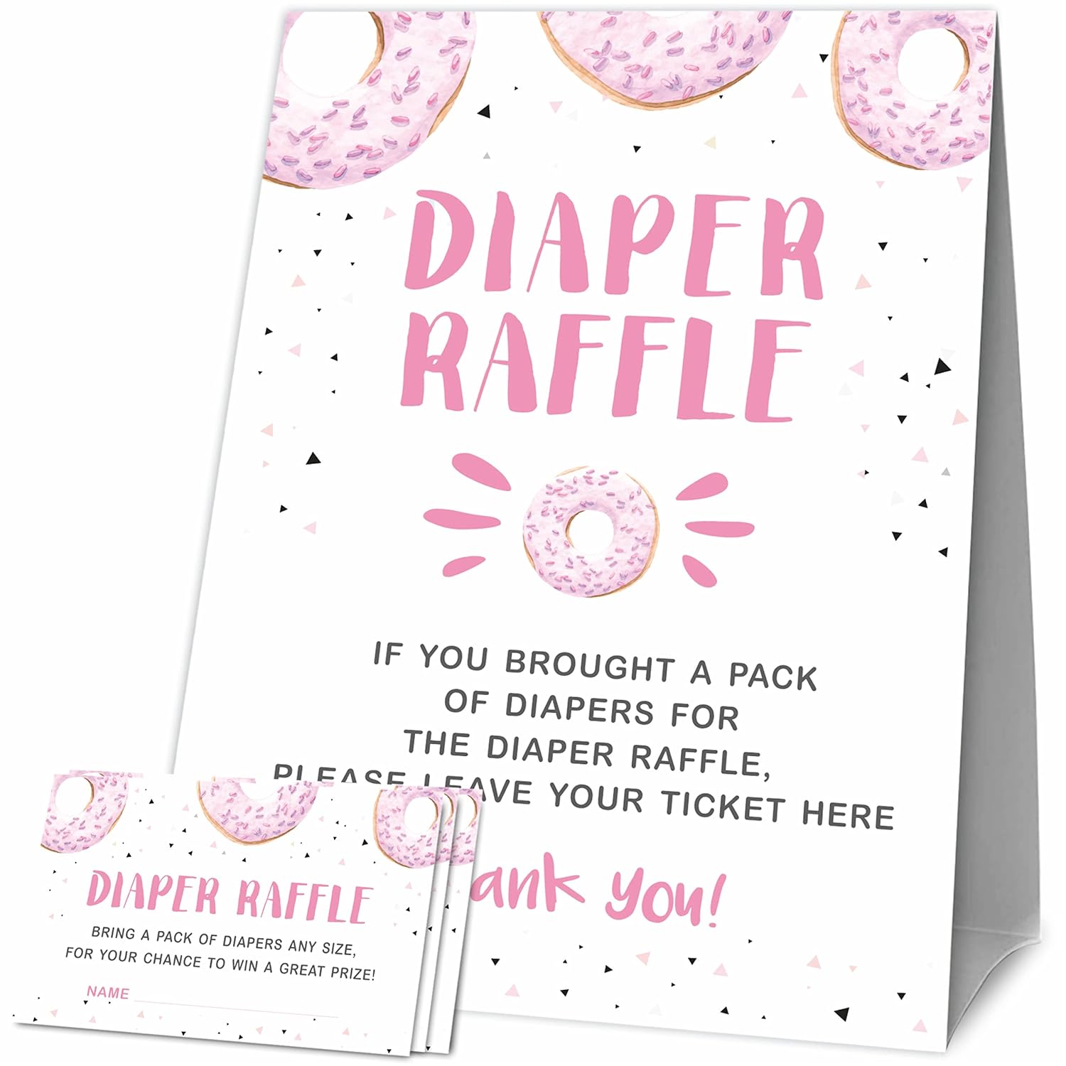 Baby Shower Games, 1 Diaper Raffle Standing Sign With 50 Diaper Raffle Tickets, Donut Love Theme Babyshower Party Decorations And Supplies For Boys Or Girls(Lblk-C01)
