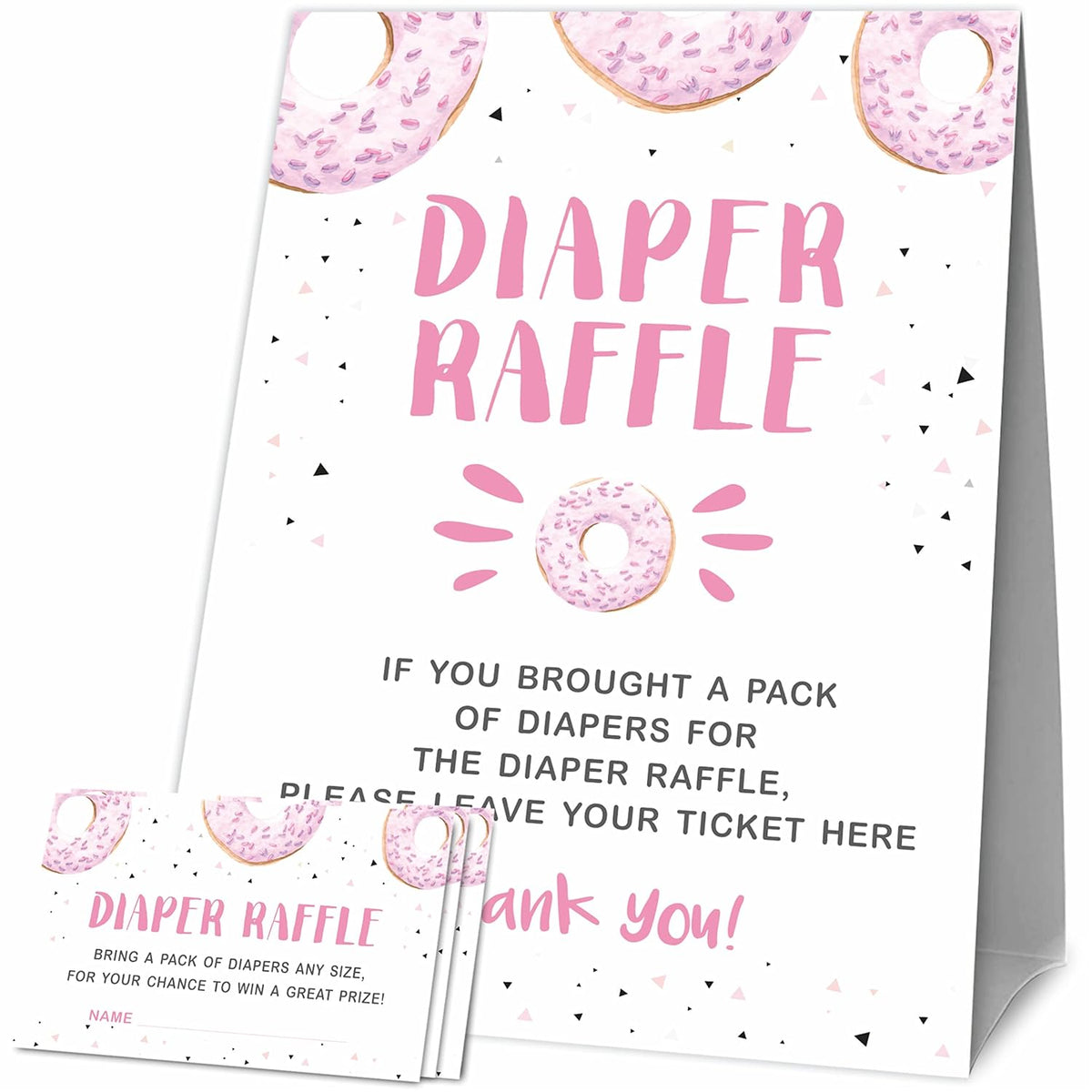 Baby Shower Games, 1 Diaper Raffle Standing Sign With 50 Diaper Raffle Tickets, Donut Love Theme Babyshower Party Decorations And Supplies For Boys Or Girls(Lblk-C01)