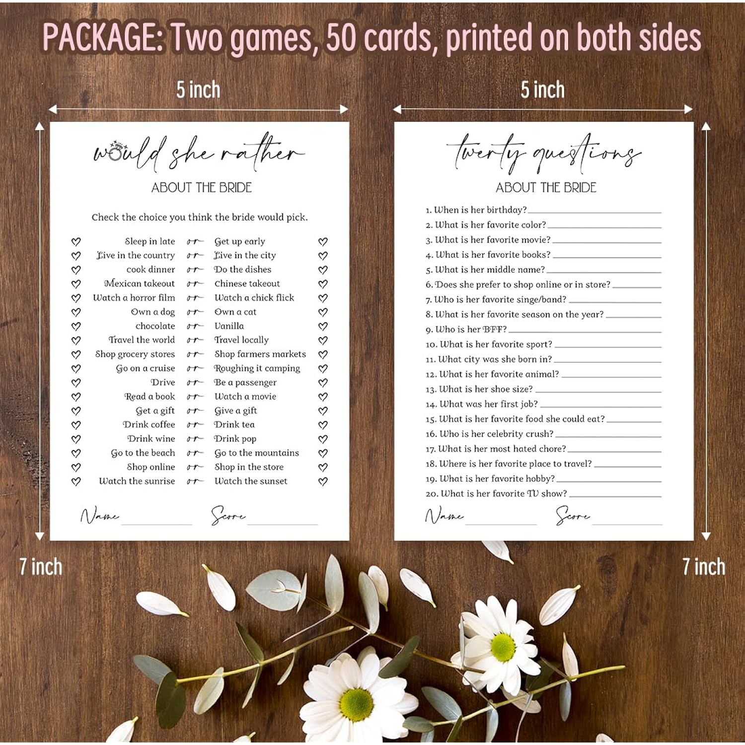 Minimalism Bridal Shower Game Cards - Would She Rather & Twenty Questions About The Bride For 50 Guests