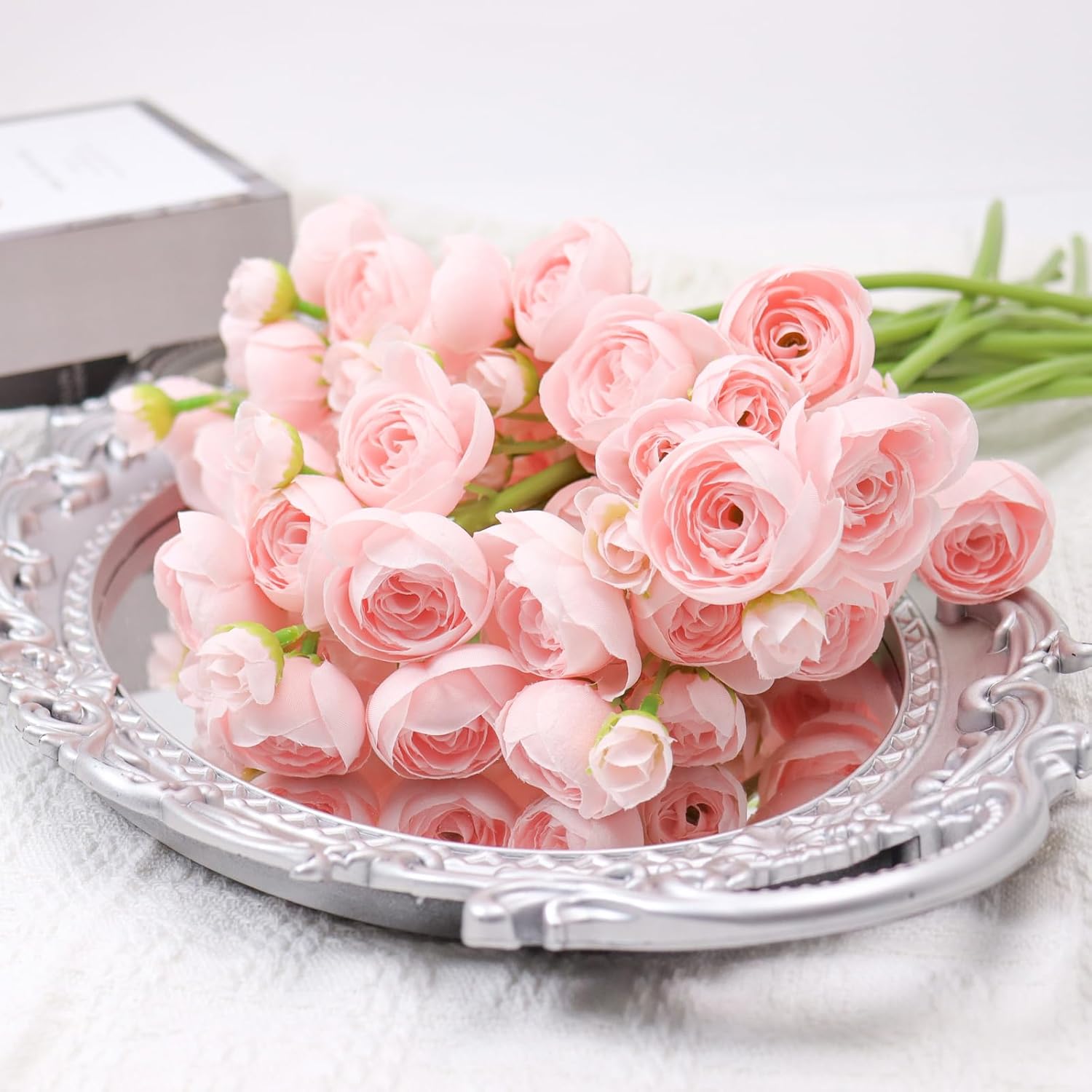 18 Pcs Ranunculus Artificial Fake Plants Flowers,White Faux Silk Mini Flowers For Diy Bouquets Bulk Faux Wedding Filler Home Centerpieces Arrangements Bridal Christmas Decorations (Pink)
