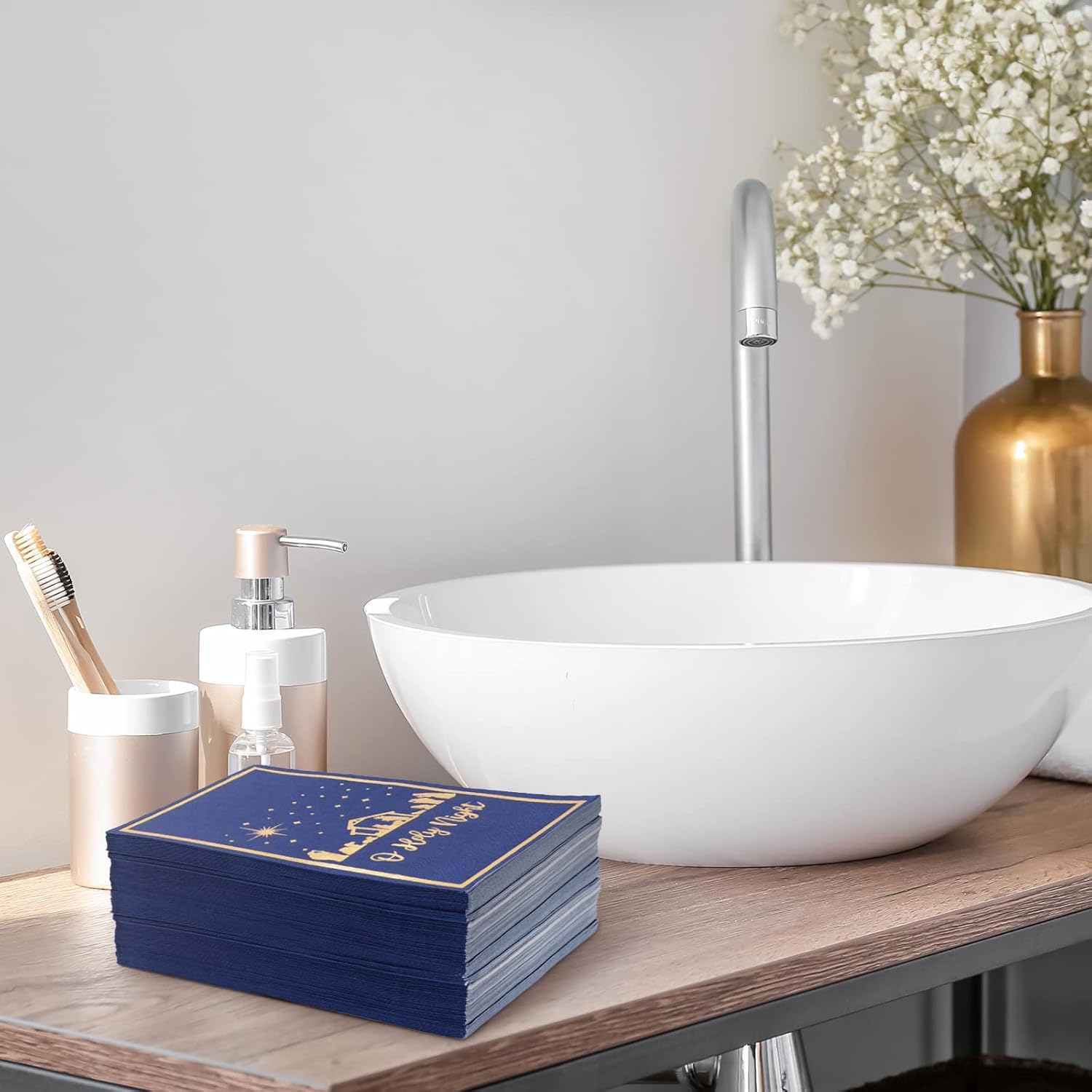 80Pcs Christmas Guest Napkins Religious Gold Foil Dark Blue Nativity 3 Ply Disposable Paper Pack Xmas Jesus Holy Night Holiday Hand Napkin Towel For Christmas Party Home Dinner Table Decor