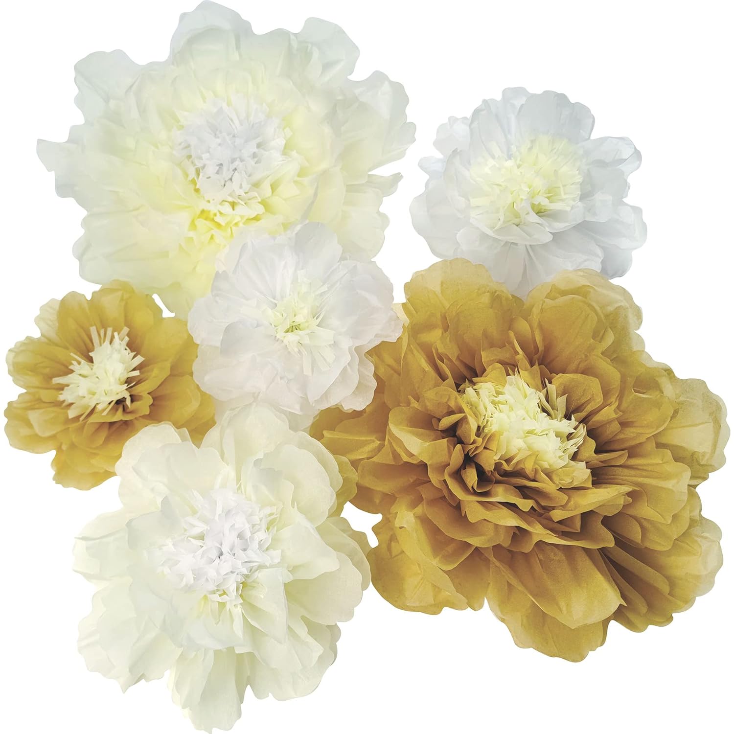 White Gold Large Paper Flower Decorations For Wedding Party Backdrop Diy Home Flower Wall Arrangement Decorations (20''-10'' Assorted) Pack Of 6