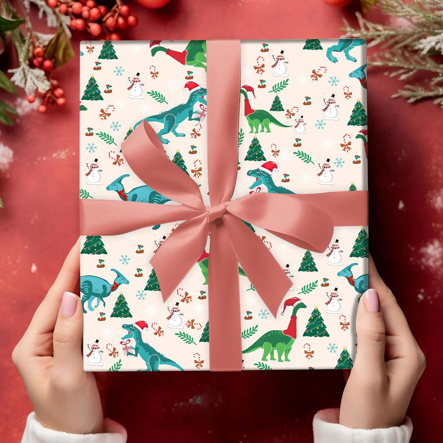 Dinosaurs Christmas Wrapping Paper For Boys Girls Kids - 8 Jumbo Sheets Cartoon Dinosaurs, Santa Hats And Snowman Designs - Diy Gift Wrap For Party Favors New Year Birthday Gift, 28"X40" (Dinosaur)