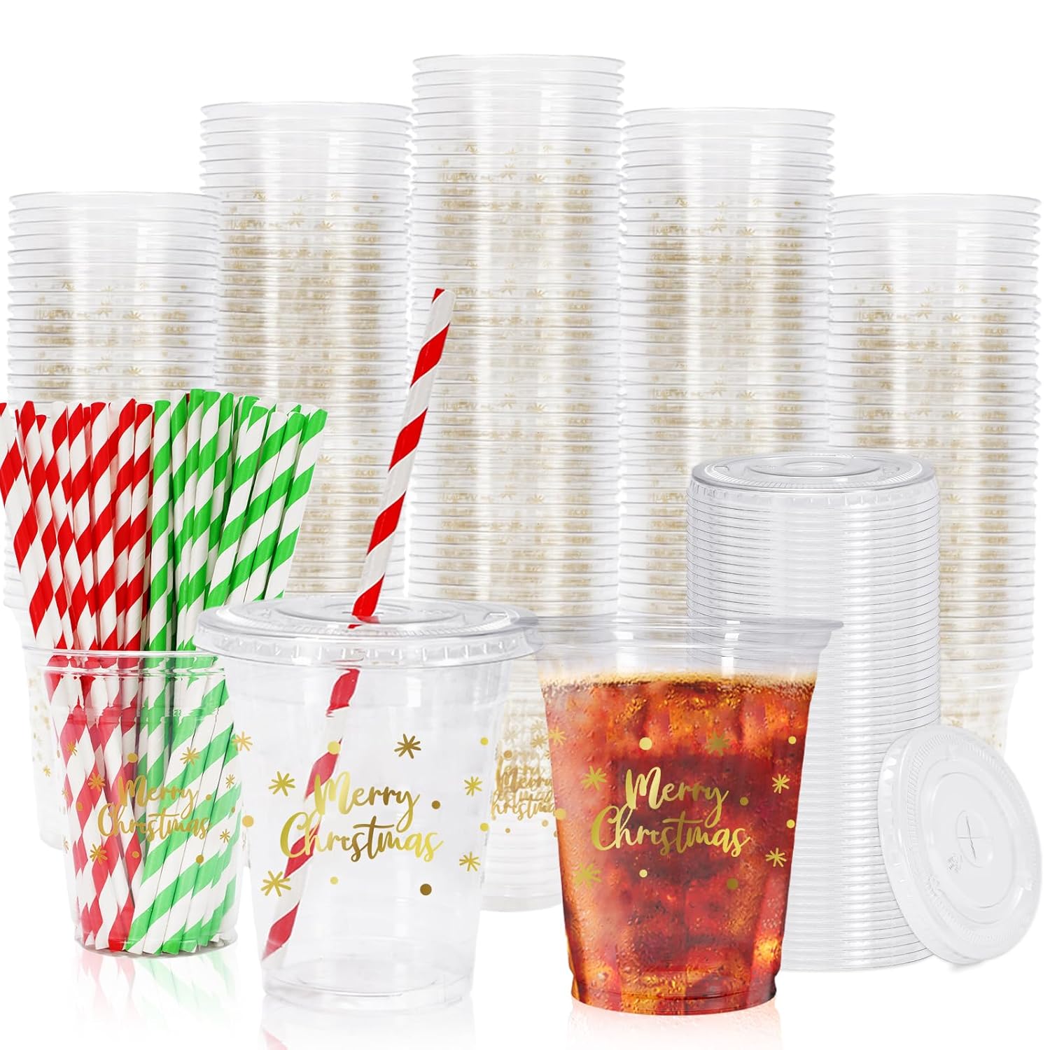 50 Pack 12Oz Christmas Disposable Cups With Lids Straws Gold Merry Christmas Plastic Glasses Cups Covers Red Green Straws For Xmas Winter Holiday Drinks Party Supplies