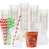 50 Pack 12Oz Christmas Disposable Cups With Lids Straws Gold Merry Christmas Plastic Glasses Cups Covers Red Green Straws For Xmas Winter Holiday Drinks Party Supplies