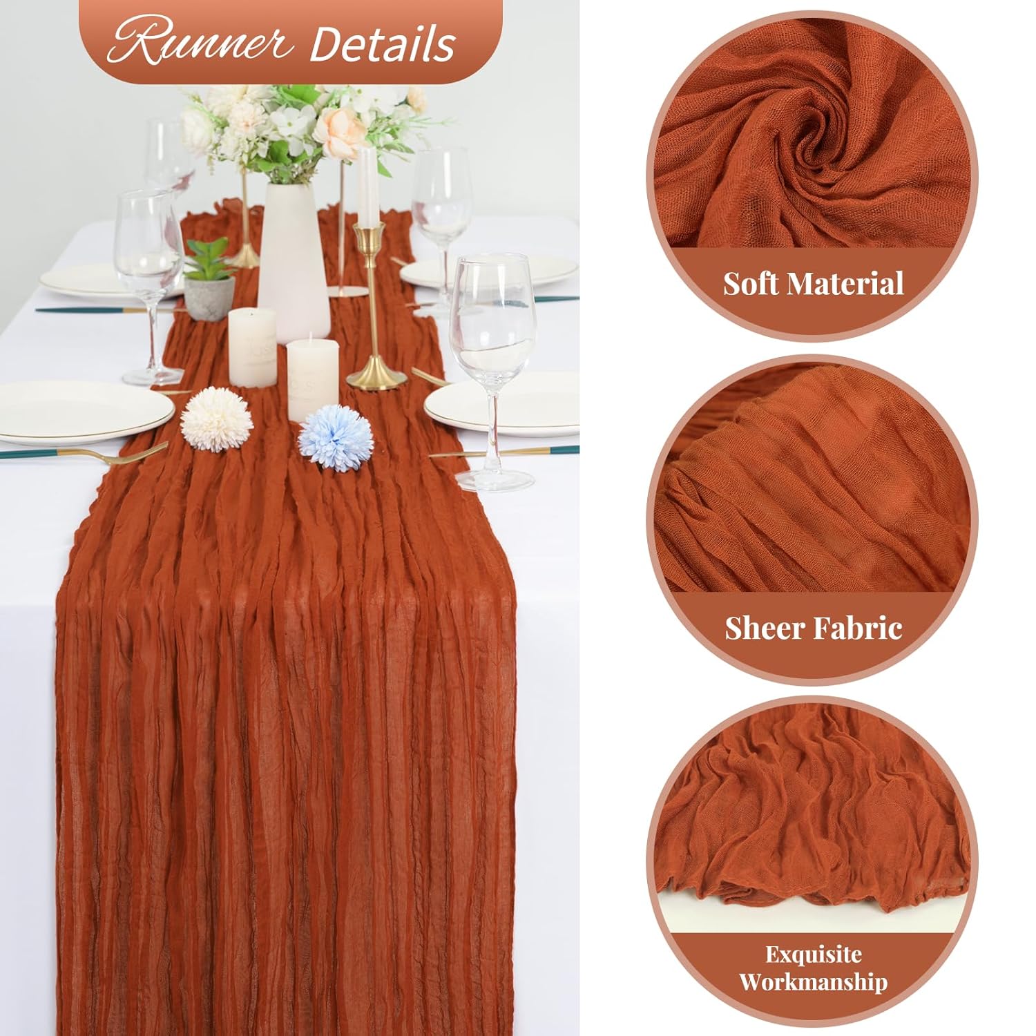 10 Pack Terracotta Cheesecloth Table Runner 10Ft Boho Romantic Gauze Table Runner 20 X 120 Inch Rustic Sheer Runner For Wedding Party Bridal Shower Thanksgiving Christmas Decoration