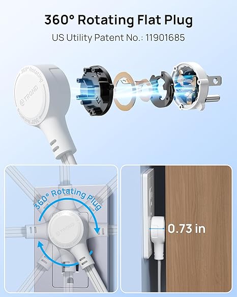 Rotating Flat Plug Surge Protector Power Strip 4 Outlets 4 USB Ports 2 USB C 5FT White