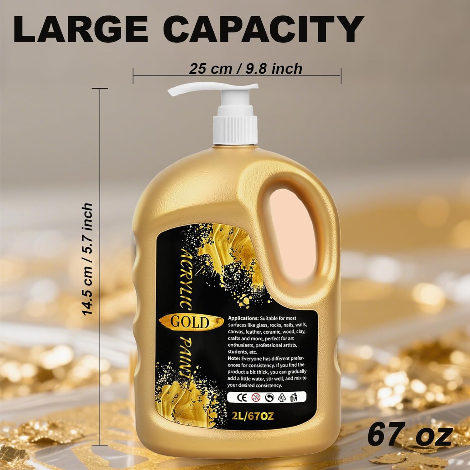 1/2 Gallon (67 Oz) Gold Acrylic Paint Metallic?Extra-Large 2 Quarts Gold Leaf Paint For Art Painting, Hand-Crafts, Non-Toxic, Non-Fading For Canvas, Wood, Fabric, Ceramic, Stone