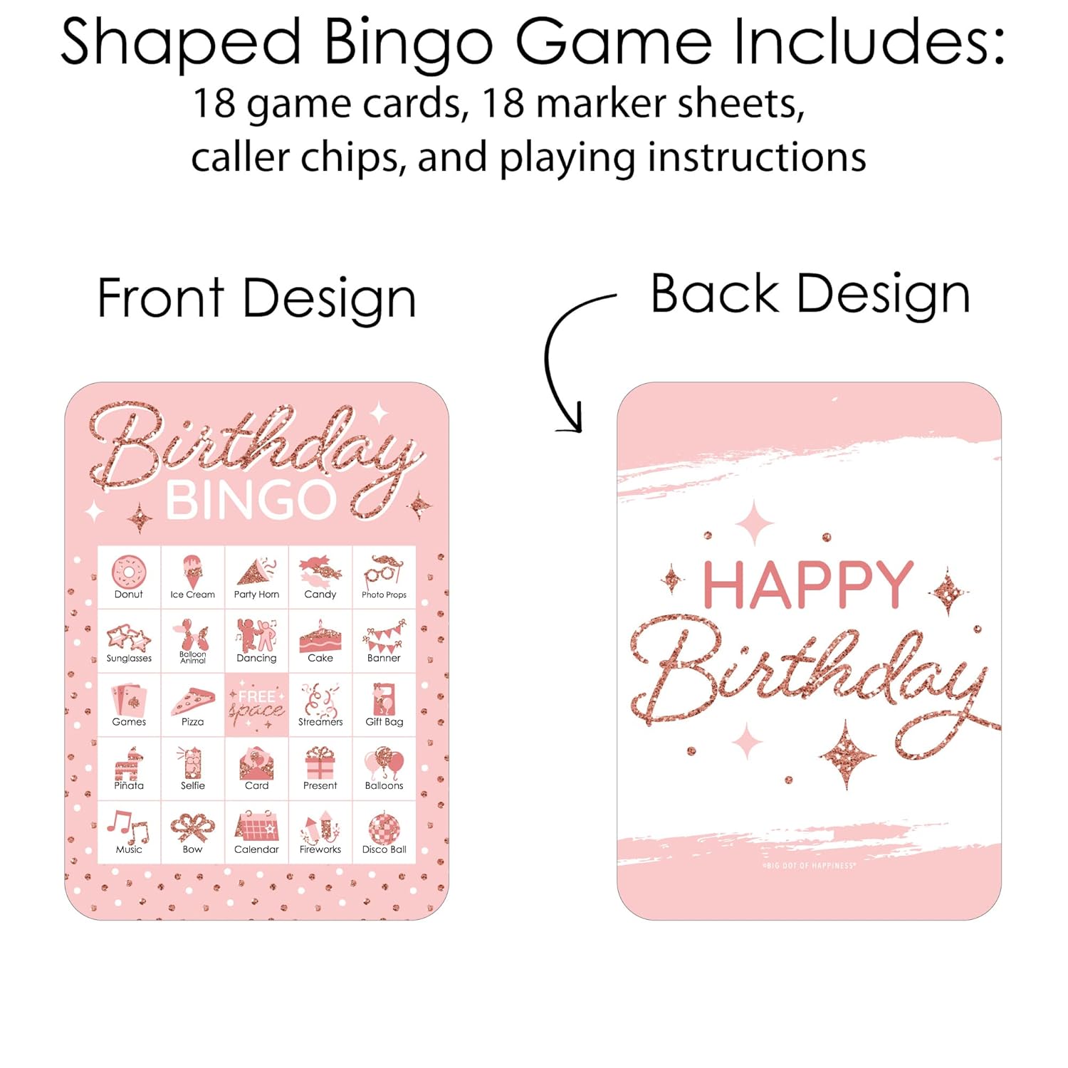 Big Dot of Happiness Pink Rose Gold Birthday - Picture Bingo Cards and Markers - Happy Birthday Party Bingo Game - Set of 18