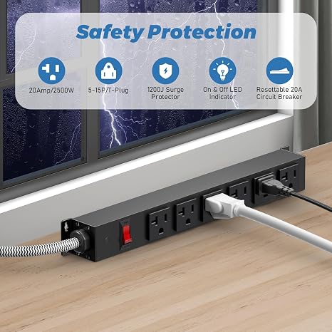 20 Amp Power Strip Surge Protector 1200J 12 Gauge Heavy Duty Cord