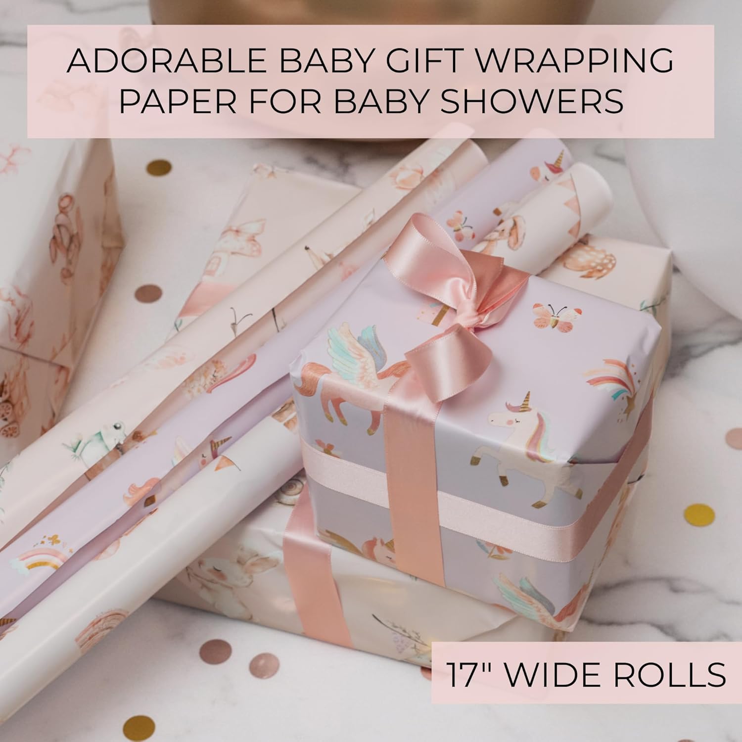 Beautiful Gift Wrapping Paper Rolls For Baby Shower - Cute Set Of 3 Quality Rolls For Girls Birthdays & Baby Showers - Add A Touch Of Magic To Every Gift You Wrap - 17 X 120 In