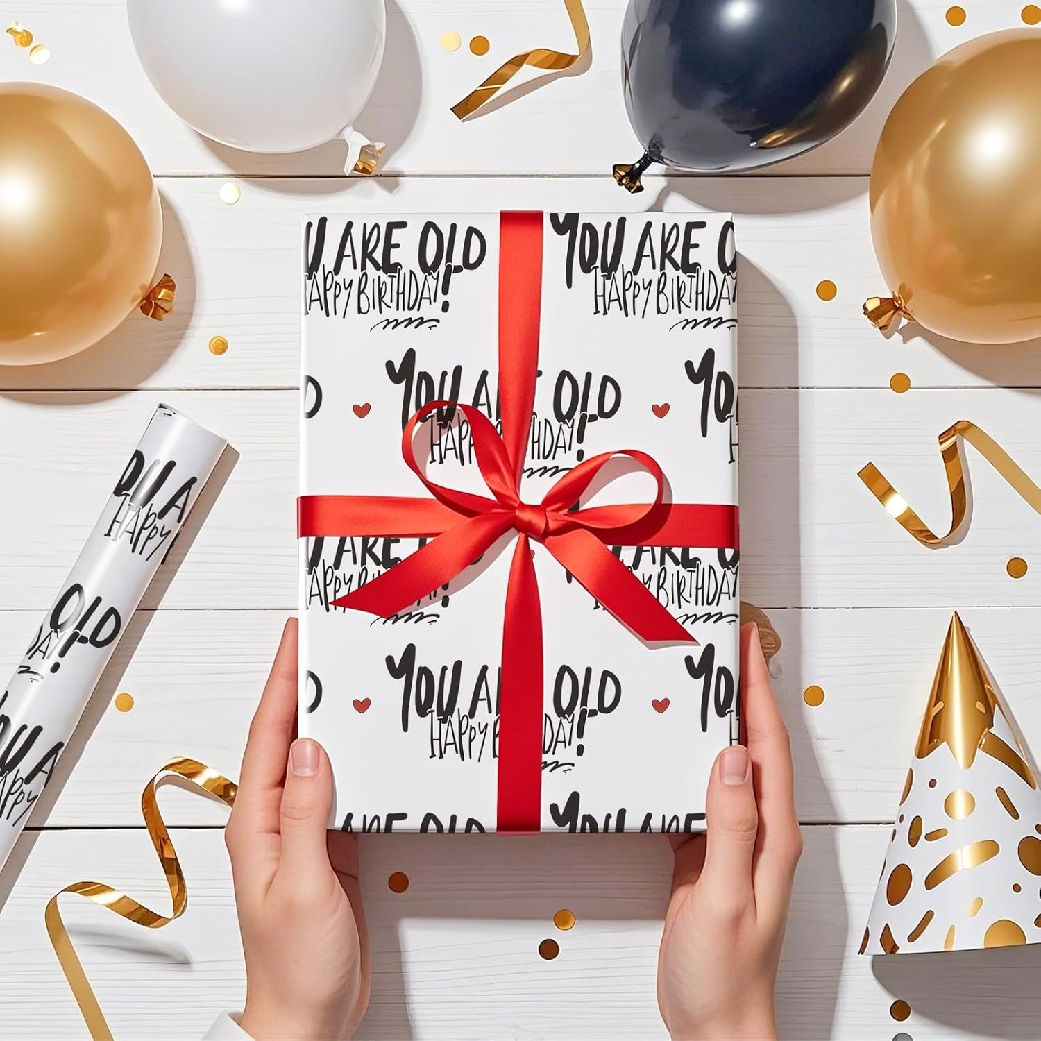 Funny Birthday Wrapping Paper Roll For Women Men, Mini Roll, You Are Old-Happy Birthday! Text With Red Hearts Gift Wrap Paper For Fun Celebrations, 17 Inches X 16.4 Feet