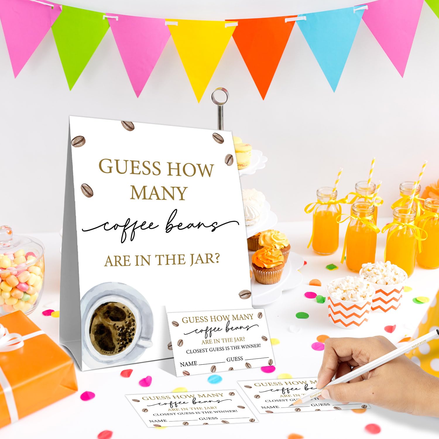 Guess How Many Coffee Beans Game Card Set (1 Sign & 30 Cards) - Coffee Themed Party Game For Adults & Kids, Perfect For Weddings, Baby Showers, Birthdays & More