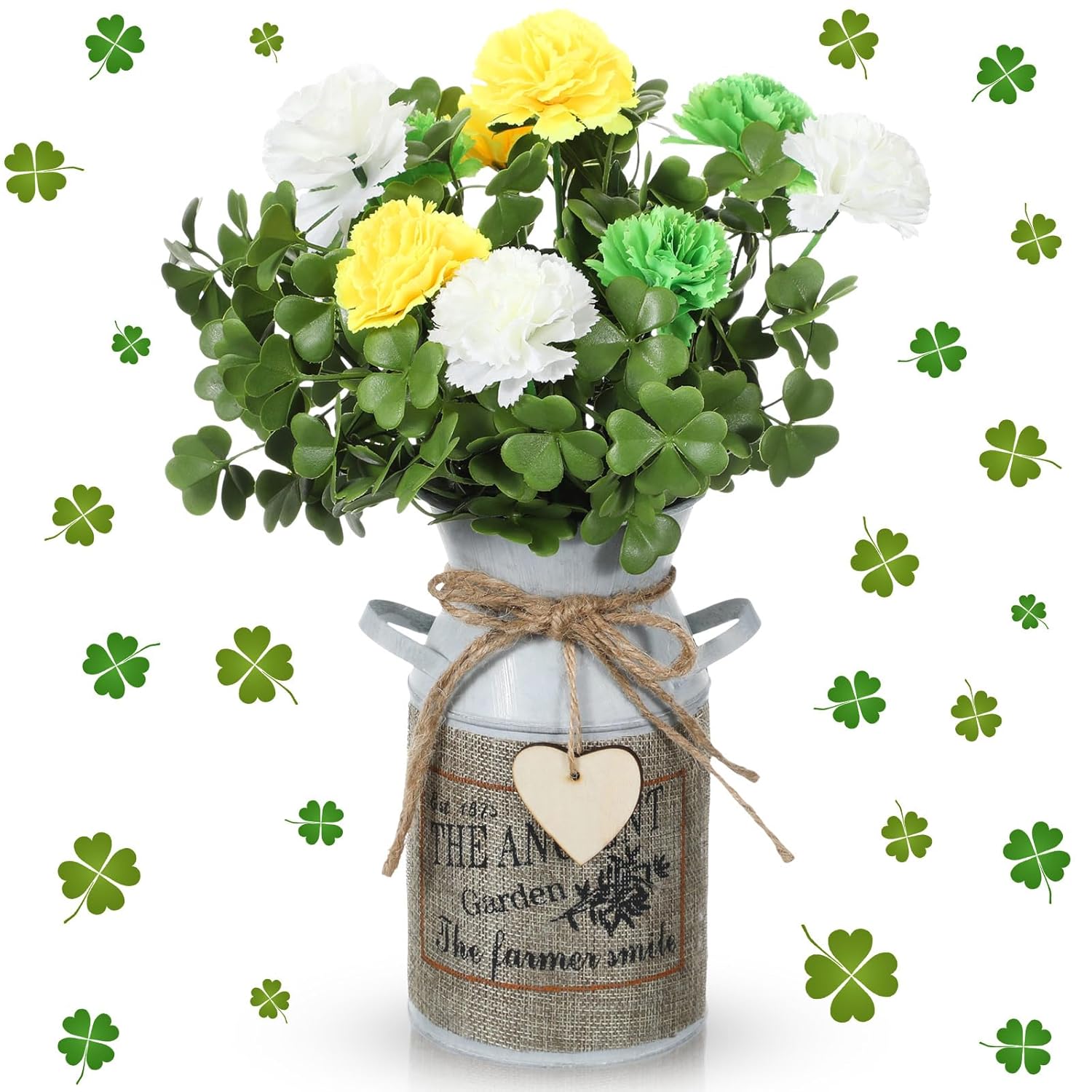 St. Patrick'S Day Flower With Vase Shamrock Centerpiece Table Decorations Artificial Carnation Clover Branches Picks Green Floral Arrangements Stems For Farmhouse Home Indoor Office Decor
