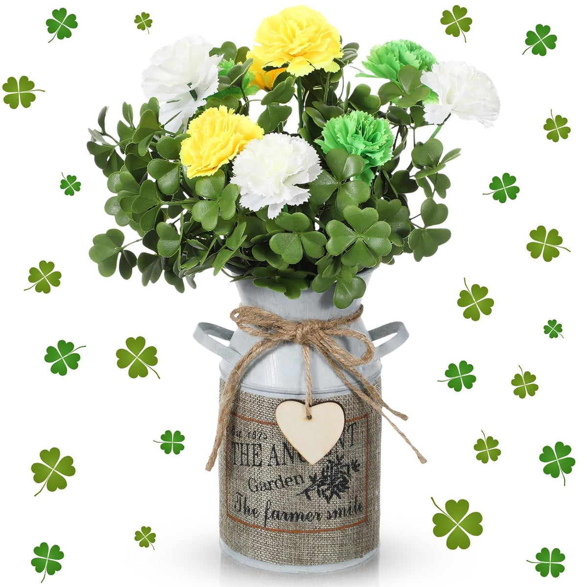 St. Patrick'S Day Flower With Vase Shamrock Centerpiece Table Decorations Artificial Carnation Clover Branches Picks Green Floral Arrangements Stems For Farmhouse Home Indoor Office Decor