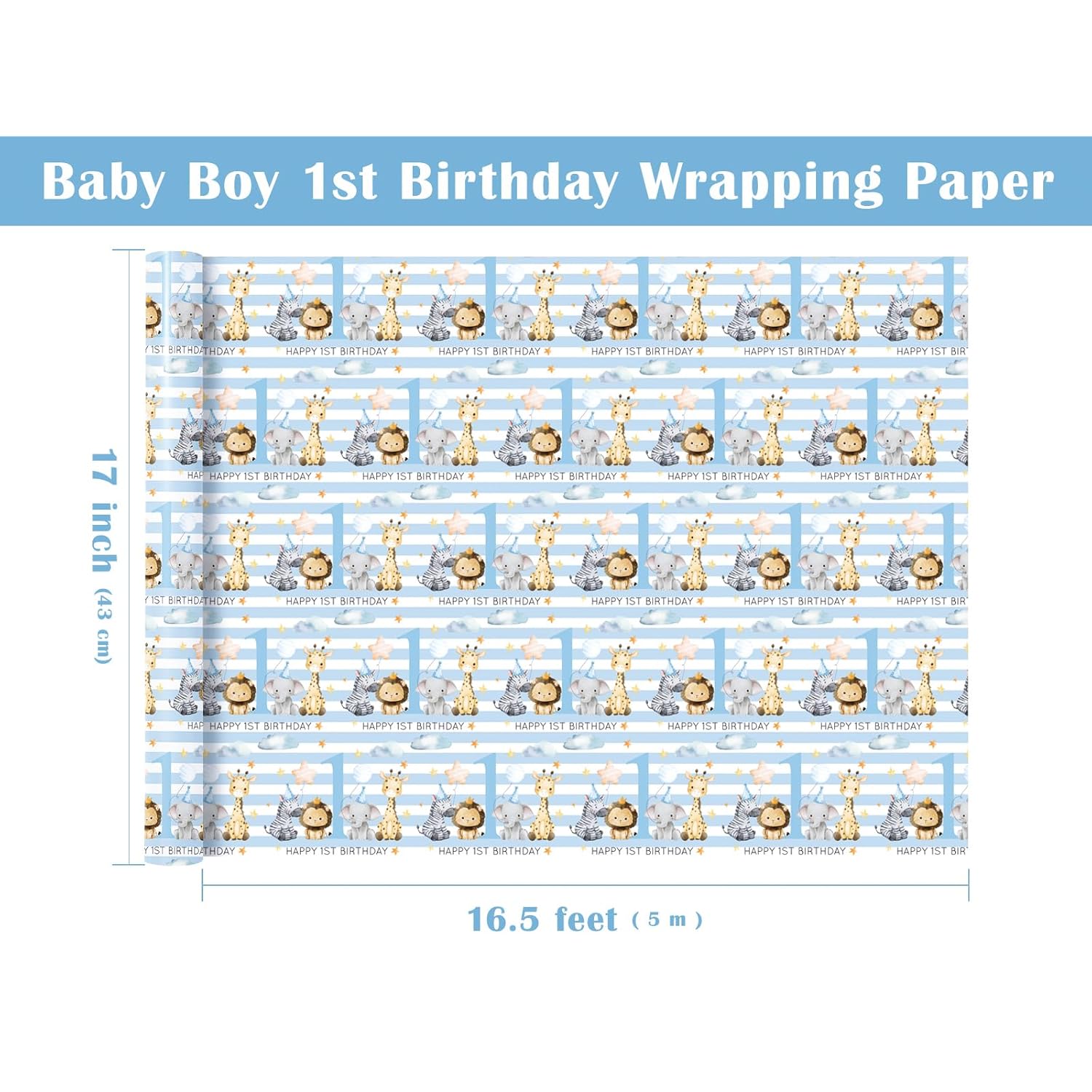 Baby Boy 1St Birthday Wrapping Paper - Mini Roll - 17 Inch X 16.5 Feet - Baby Blue Adorable Jungle Animal Wrapping Paper Perfect For Kids Girls Birthday
