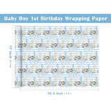 Baby Boy 1St Birthday Wrapping Paper - Mini Roll - 17 Inch X 16.5 Feet - Baby Blue Adorable Jungle Animal Wrapping Paper Perfect For Kids Girls Birthday
