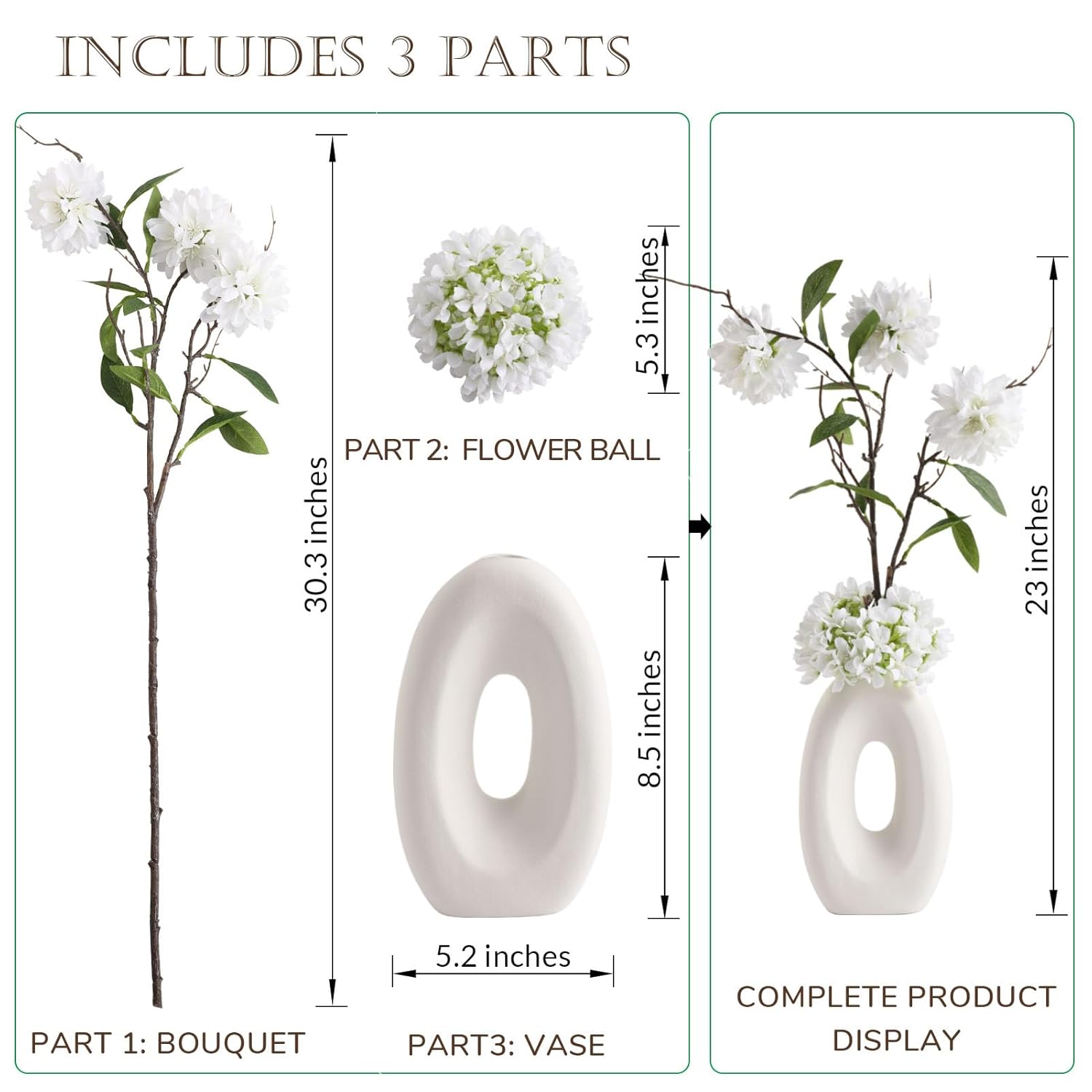 Fake Flower Bouquet And Vase Set, Faux Flower Arrangement For Decorating Living Room And Offices, Realistic Artificial Flowers Made Of Silk & Plastic, Floral Decoration With White Blossoms