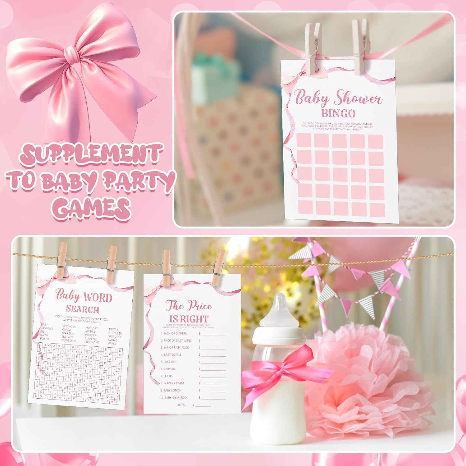 302 Pcs Pink Bow Price Is Right Baby Shower Games Watercolor Ribbon Baby Shower Signs, 6 Games, 50 Sheets Each, Minimalist Girl Boy Predictions And Advice Bingo Word Scramble