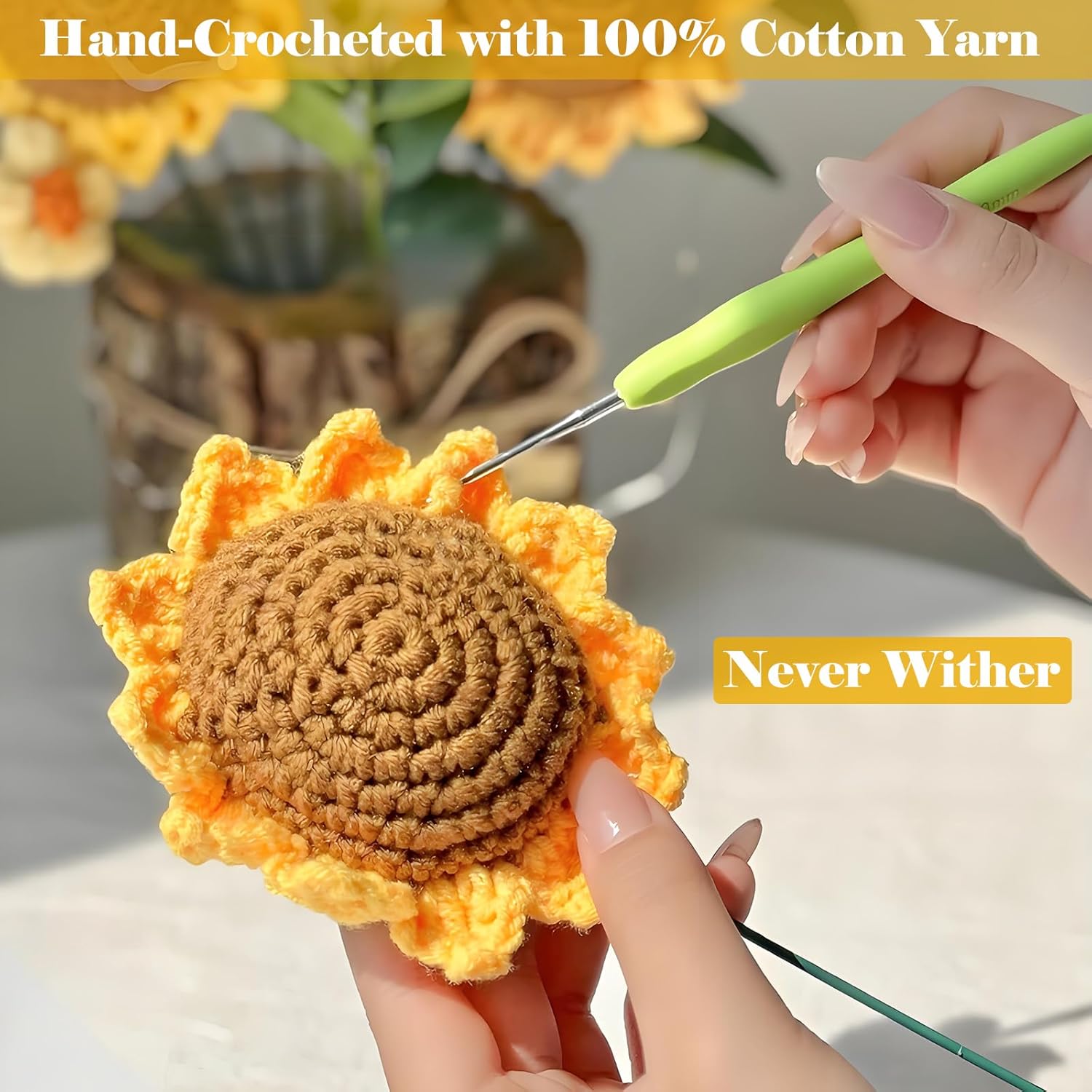 Handmade Crochet Sunflower Flower In Wooden Pot, Knit Plants Home Decor For Desk, Office, Gift (3 Sunflower)