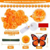 56Pcs Day Of The Dead Decorations 2Pcs 8Ft Lighted Marigold Garland 30Pcs Artificial Marigold Flowers With Stem 24Pcs Butterfly Dia De Los Muertos Decor For Diwali Indian Altar Halloween Party