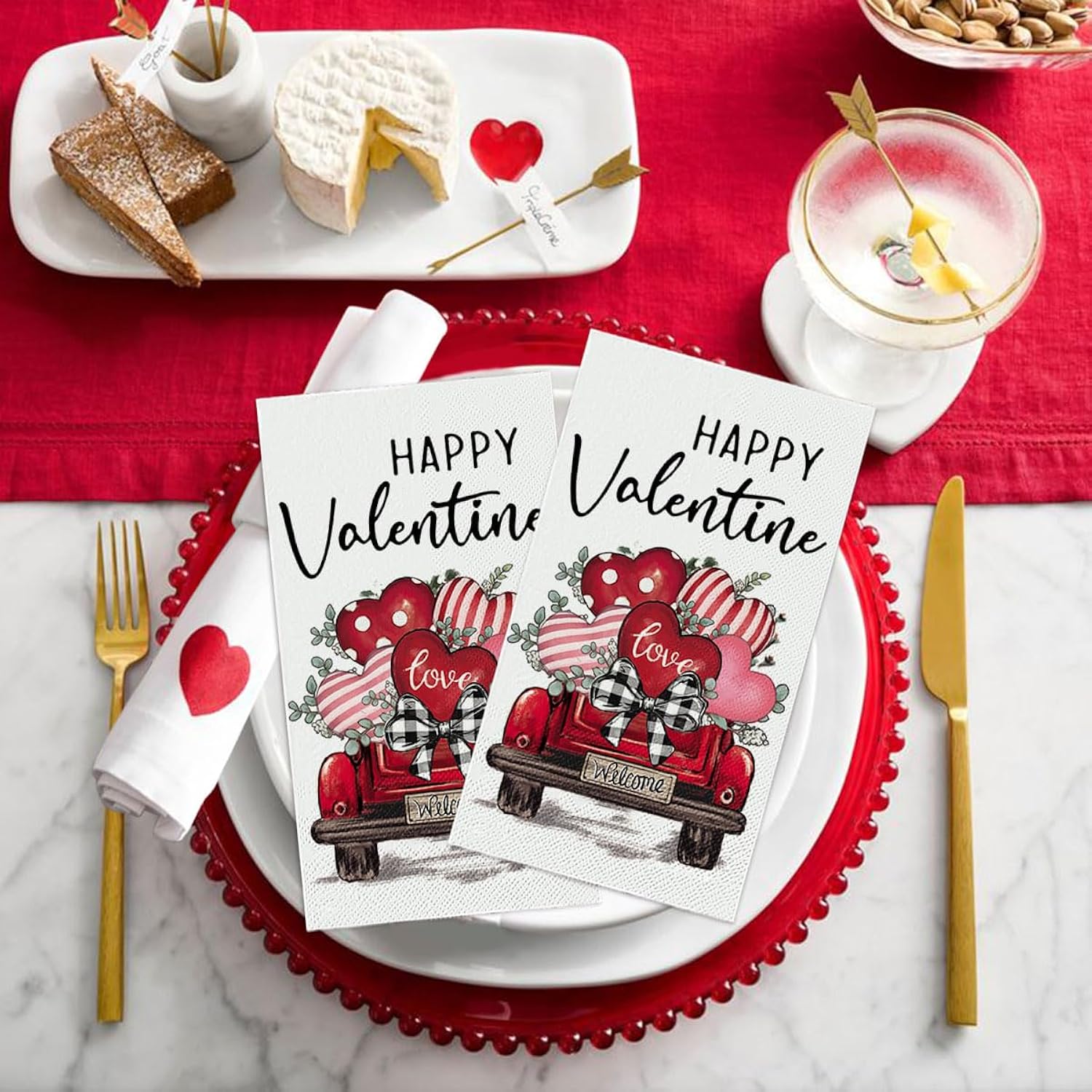 50 Valentine Disposable Paper Decorative Guest Napkins, Tiny Love Hearts Car Hand Towel For Party Lunch Dinner Kitchen Bathroom