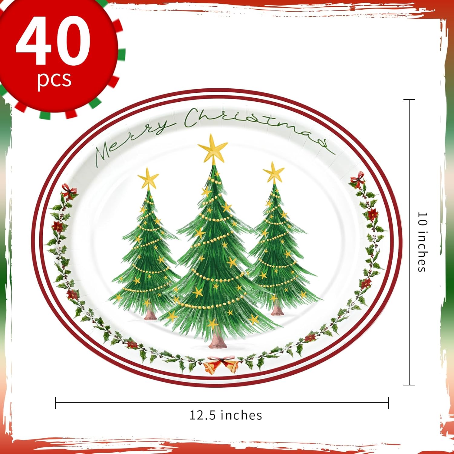 Christmas Tree Oval Paper Plates 10" X 12" Large Holiday Disposable Dinner Plates Merry Christmas Tableware For Xmas Party Supplies