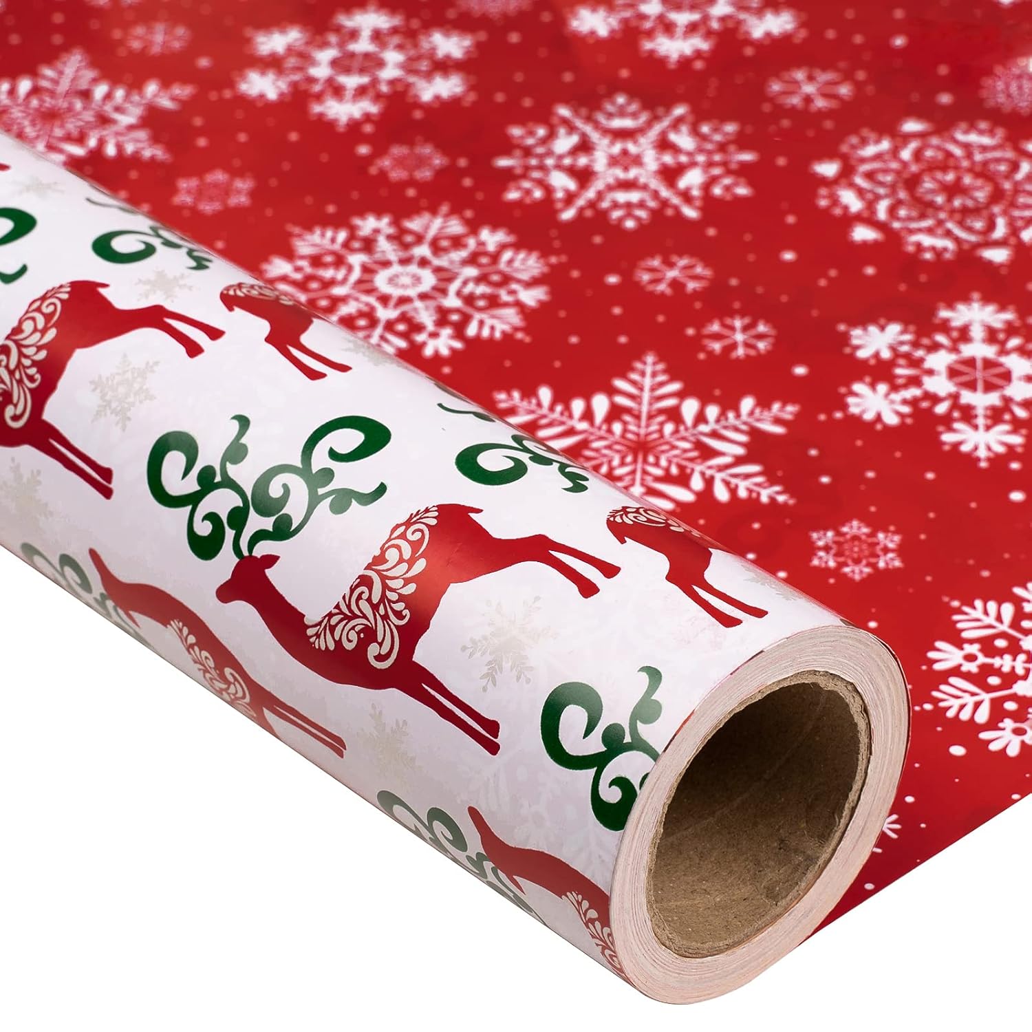 Christmas Reversible Wrapping Paper - Mini Roll - 17 Inch X 32.8 Feet- Red Green Reindeer Design (47.3 Sq.Ft.Ttl)