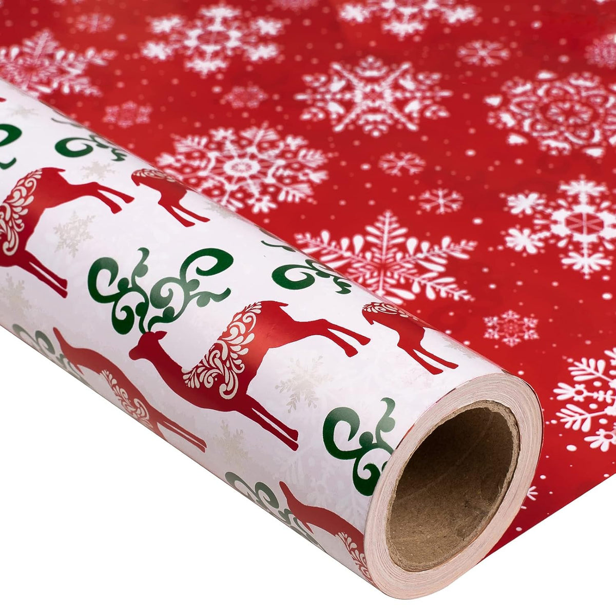 Christmas Reversible Wrapping Paper - Mini Roll - 17 Inch X 32.8 Feet- Red Green Reindeer Design (47.3 Sq.Ft.Ttl)