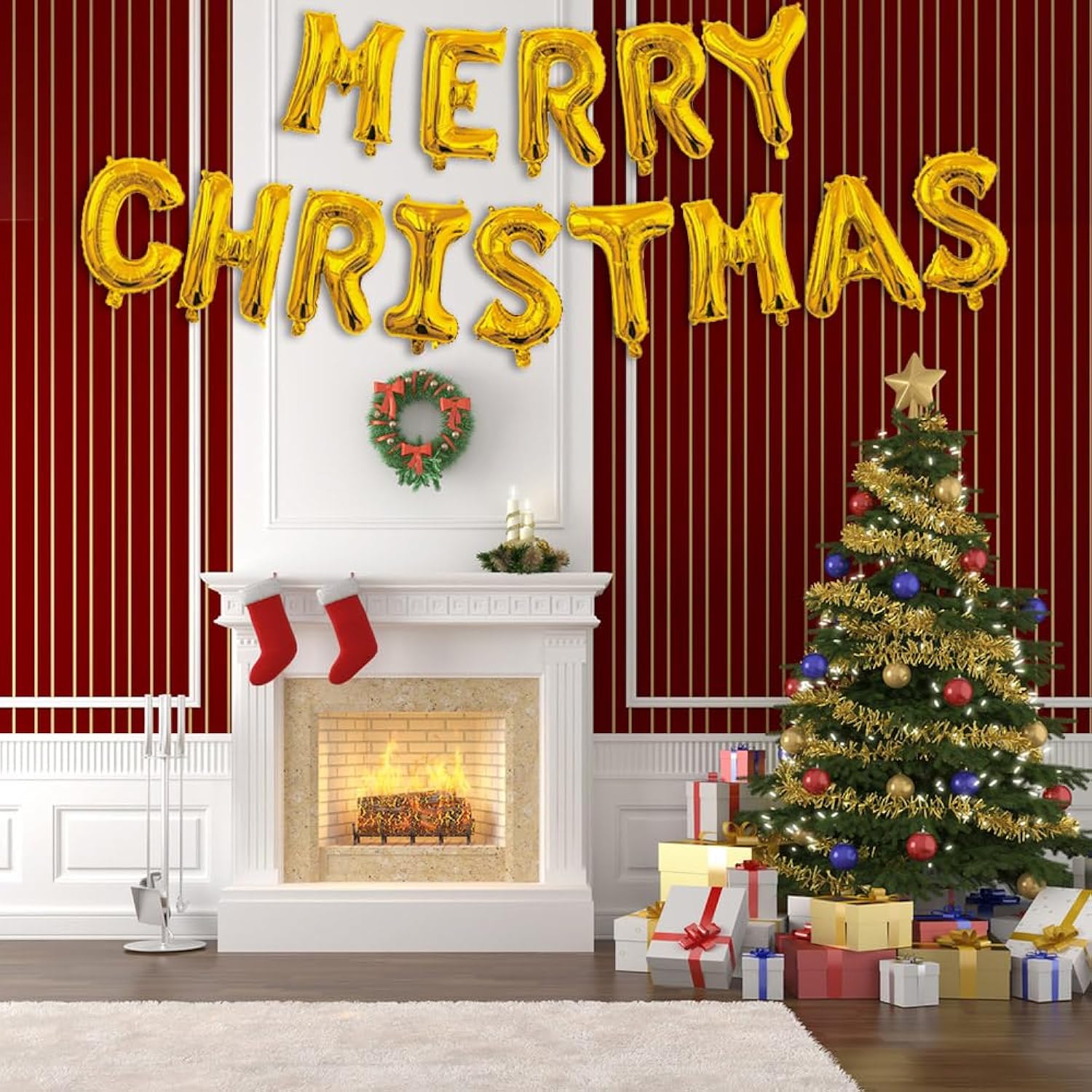 Gold Merry Christmas Balloons - 14Pcs Xmas Party Decor Set With Banners & Letters